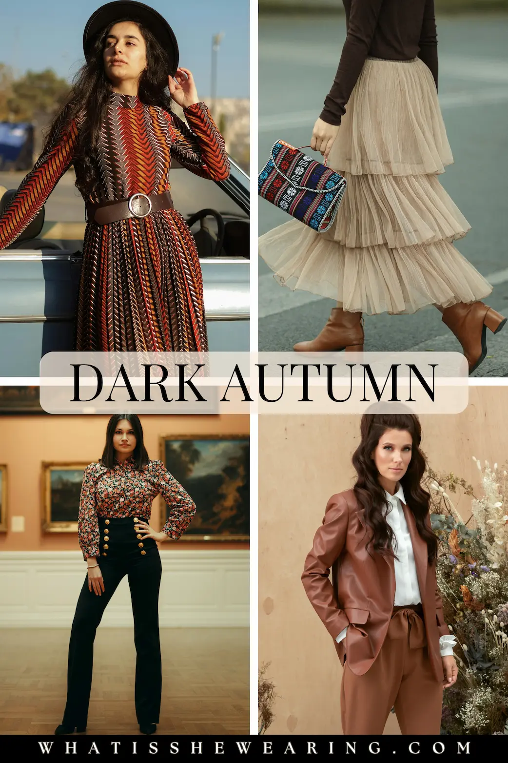 Dark Autumn Outfit Ideas: Texture & Details Four deep autumn outfits featuring dark autumn palettes through layering, accessories, and prints.