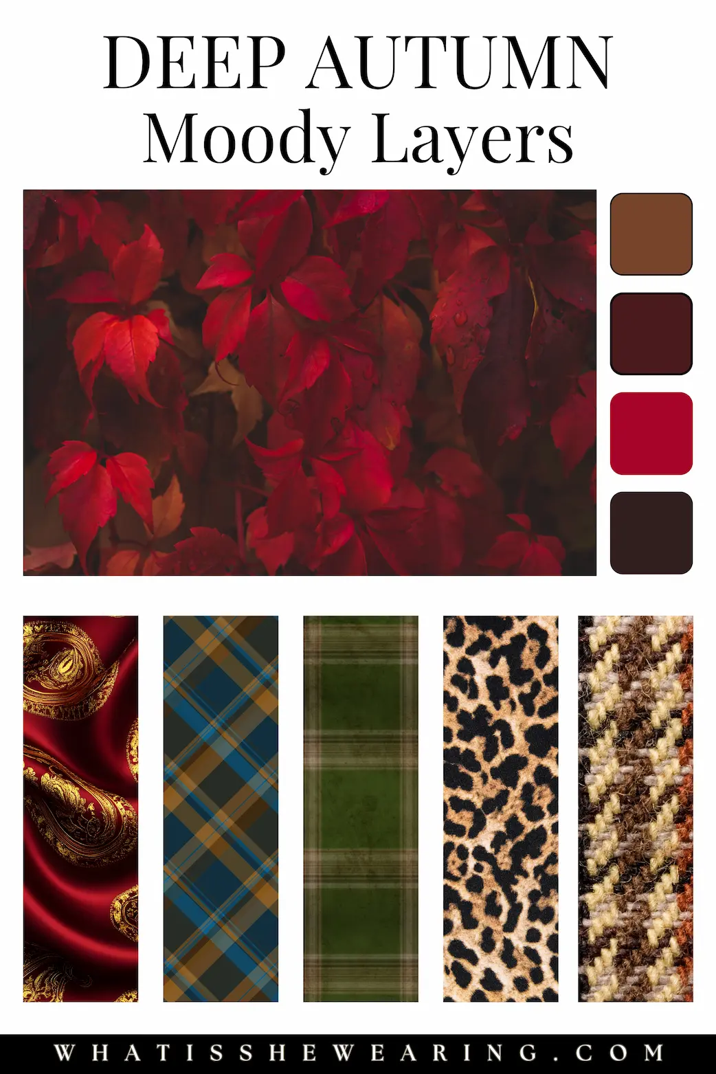 Dark Autumn Layers and Patterns A deep autumn color palette showcasing moody shades of red and five different dark autumn patterns.