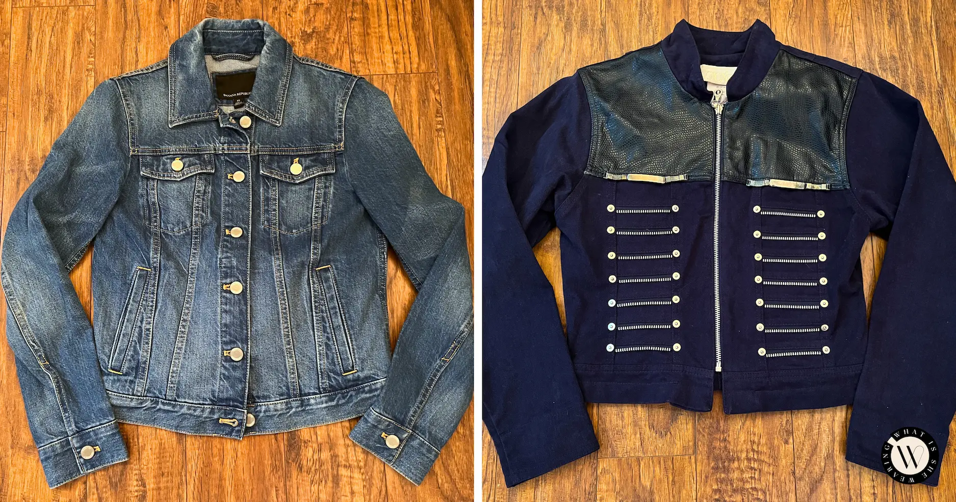 Classic Denim Jacket vs. Elevated Military-Inspired Denim Jacket Side-by-side: classic denim jacket vs. elevated dark denim jacket with military-inspired features and modern silhouette for chic outfits for women over 40