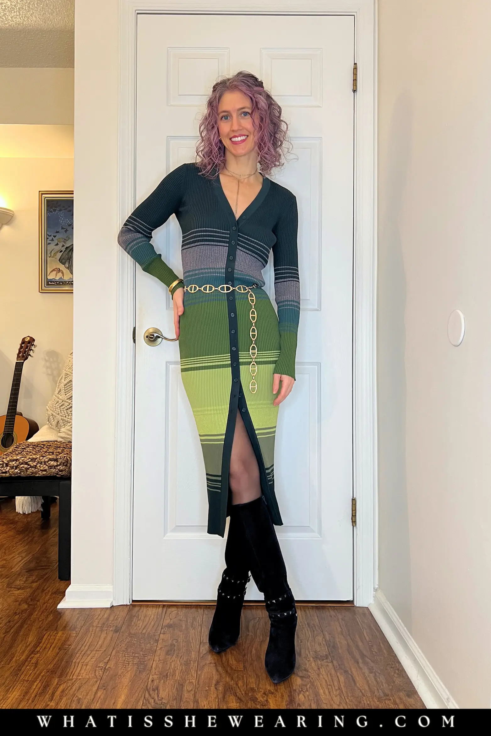 Knit Dress + Tall Boots – Perfect Fall Night Out Outfit Fall bar outfits 2025: ribbed knit dress + chain belt + knee high boots