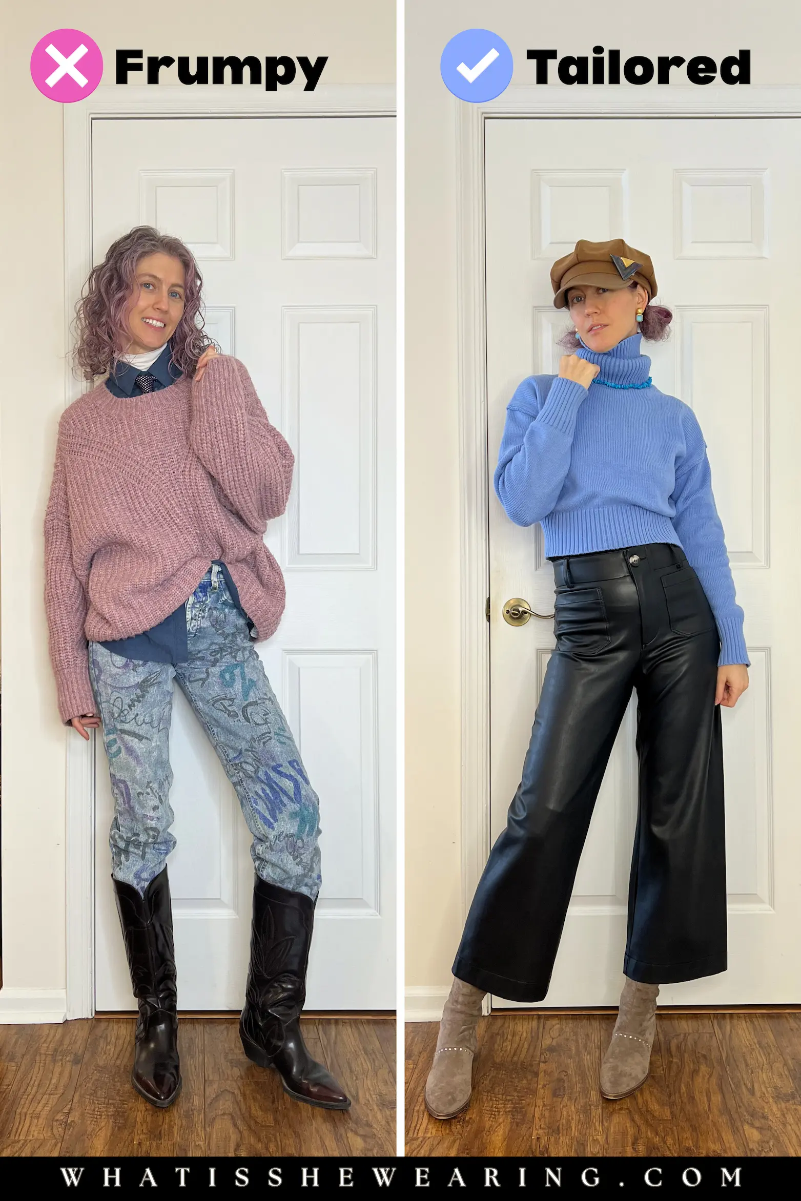Before and After: Frumpy Sweater vs. Polished Tailored Knitwear for Women Over 40 Side-by-side comparison: woman over 40 in frumpy sweater outfit vs. polished chic look in tailored knitwear and black pants for fashion tips for women over 40