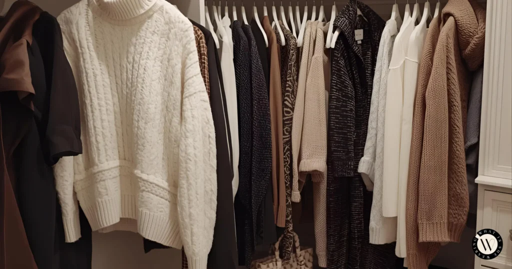 A cozy closet filled with colorful oversized sweaters ready to style into chic outfits, for how to style an oversized sweater.