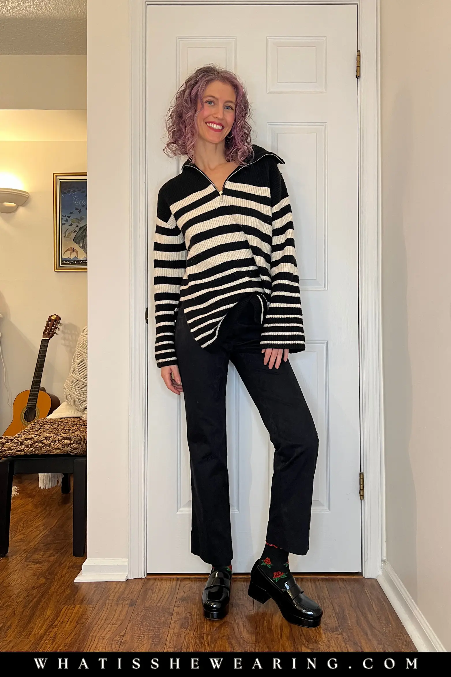 Striped Half-Zip with Flared Crop Pants and Loafers Casual oversized sweater outfit: Striped half-zip with flared crop pants, rose print socks, and patent leather loafers for fun transitional styling.