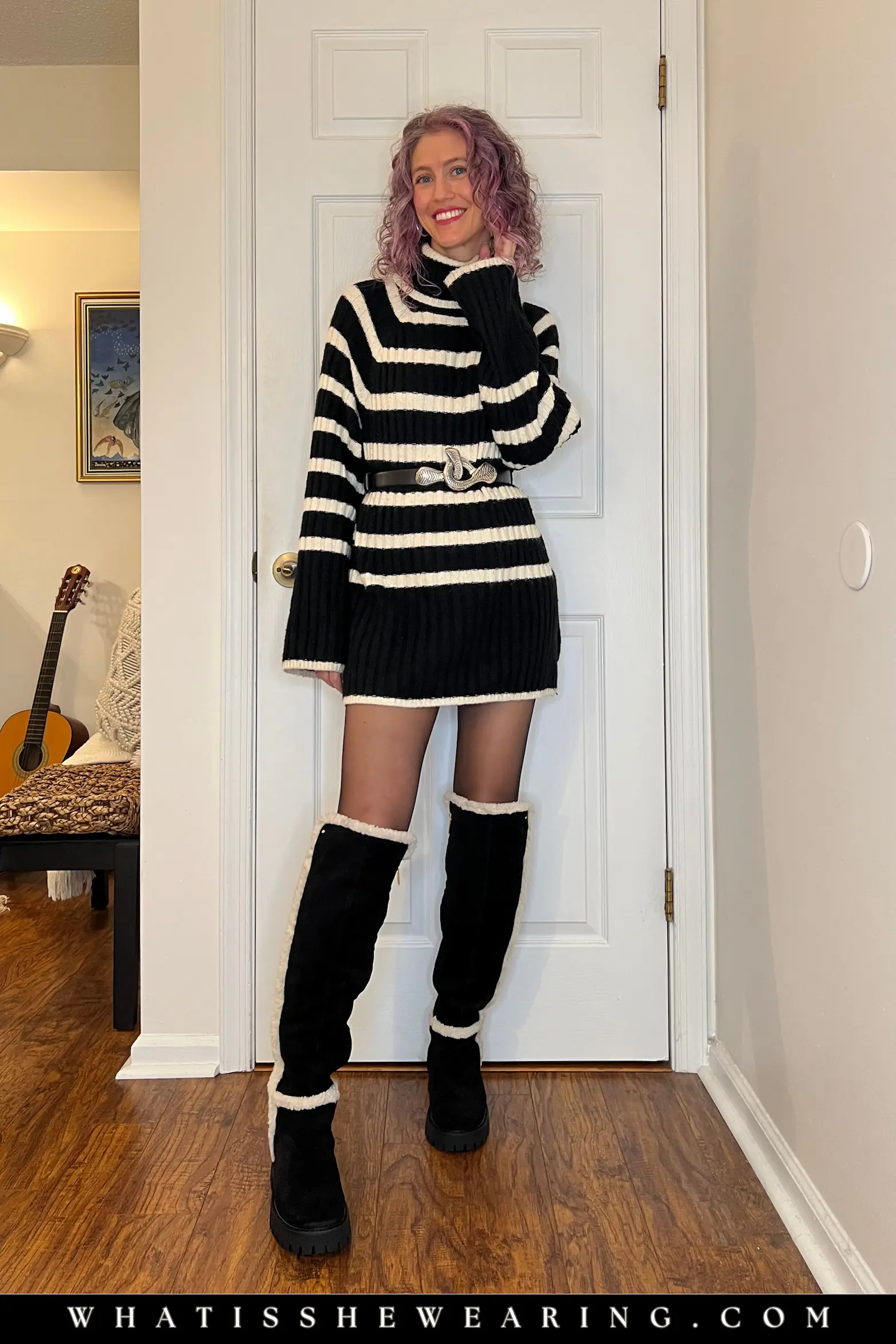 Belted Striped Turtleneck Worn as Dress with Thigh High Boots How to wear an oversized sweater as a dress: Oversized striped turtleneck belted and styled as a dress with faux shearling suede thigh high boots.