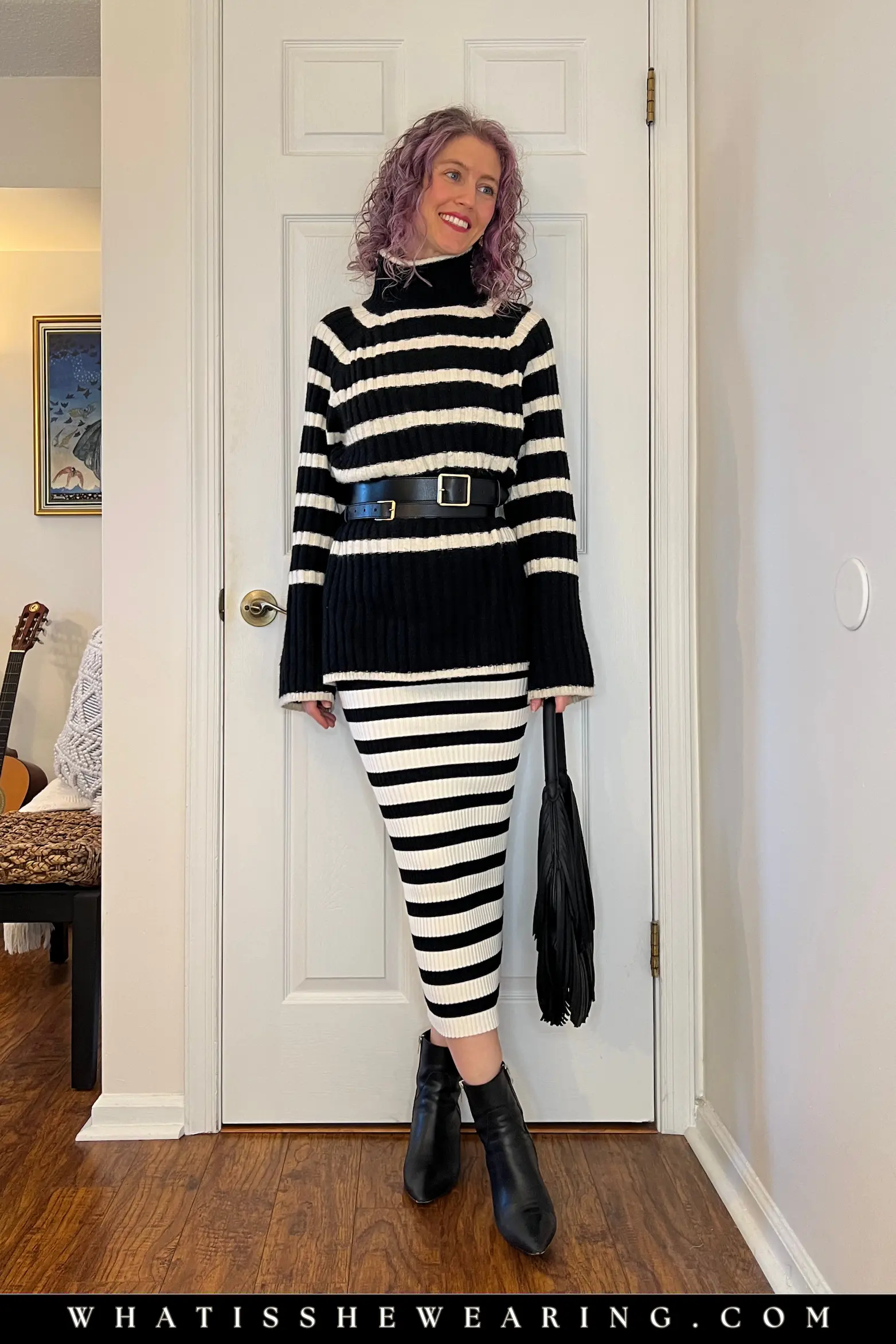 Belted Striped Turtleneck with Knit Midi Skirt and Ankle Boots Oversized sweater with skirt idea: Belted striped turtleneck paired with striped knit midi skirt, ankle boots, and leather shoulder bag for chic office looks.