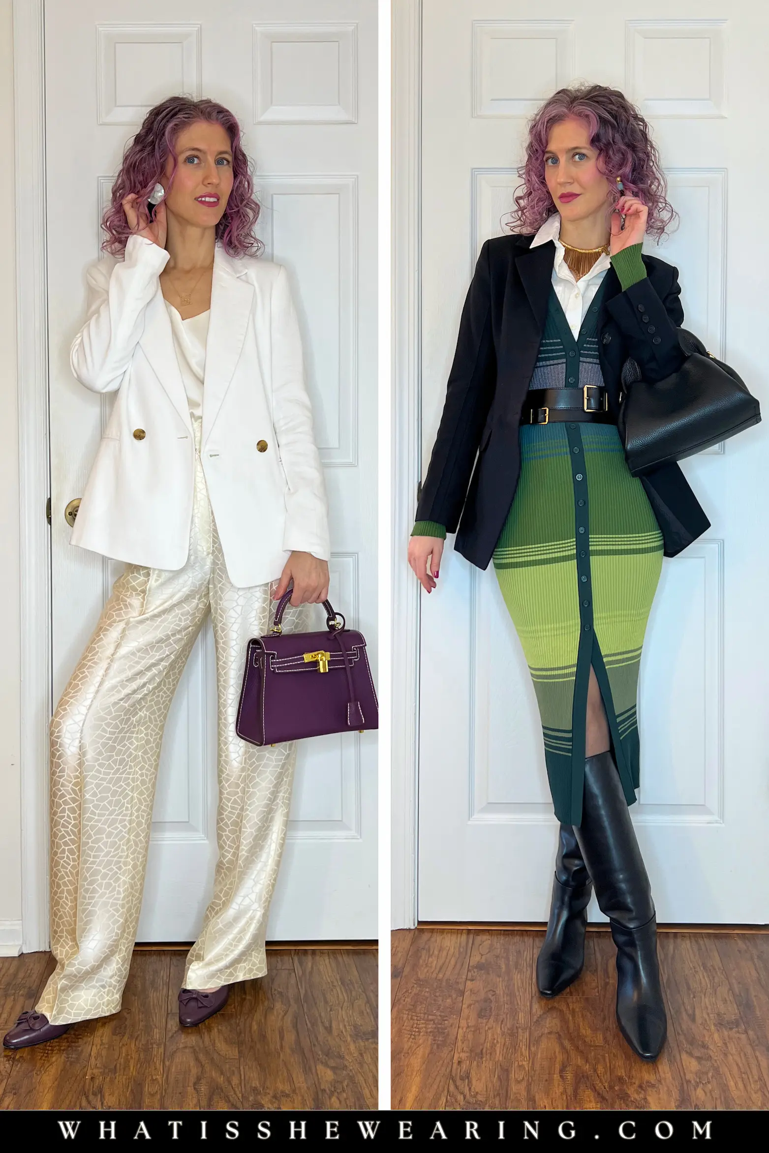 Stylish Work Outfits for Women Over 40: Tailored Blazer and Knit Dress LooksTwo professional outfits for women over 40: tailored white blazer with ivory trousers, and knit statement dress with black designer blazer and knee-high boots for polished style over 40 Two professional outfits for women over 40: tailored white blazer with ivory trousers, and knit statement dress with black designer blazer and knee-high boots for polished style over 40