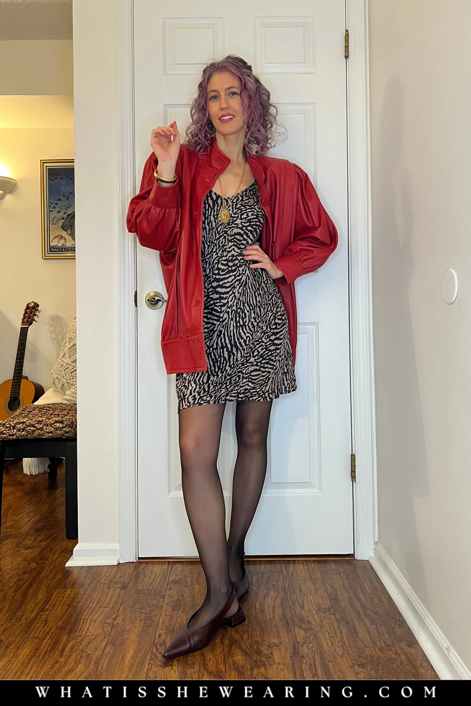 Leather Jacket + Slip Dress – 90s Night Out Outfits Sexy bar outfits: oversized leather jacket over zebra slip dress + slingback heels