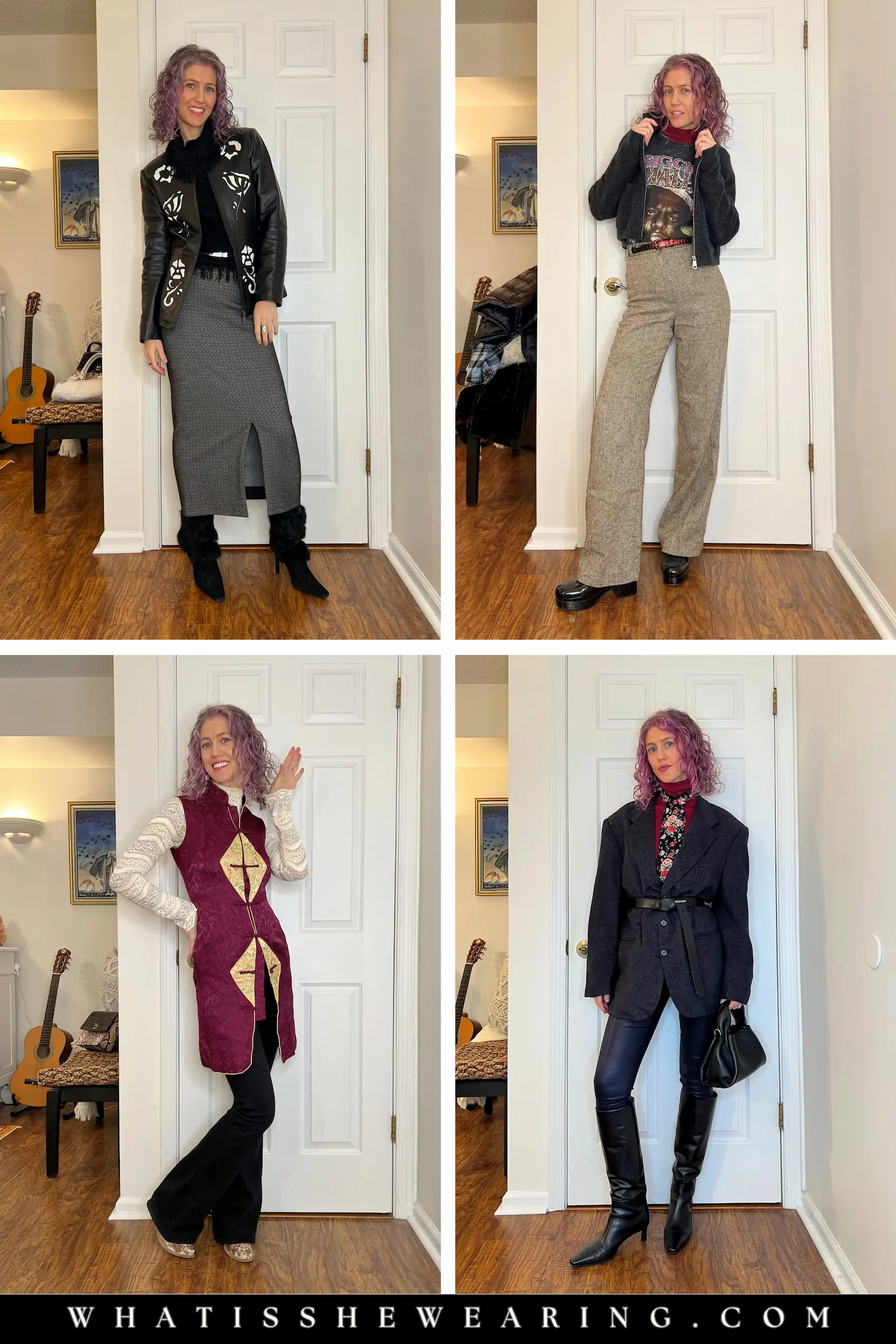 Signature Finishing Touch: Cinched Waist Styling for Women Over 40 Four photos of a woman in her 40s styled with her signature touch - cinched waist to emphasize hourglass silhouette for chic outfits for women over 40