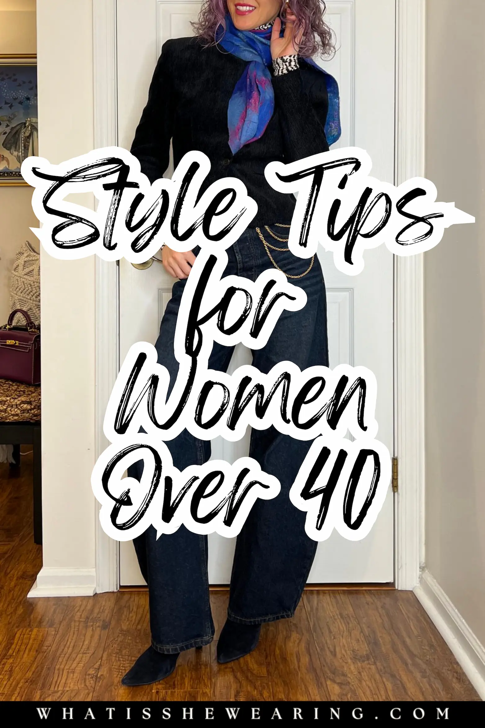 Style Tips for Women Over 40 - Modern Classic Outfit with Tailored Jacket and Wide-Leg Jeans Stylish woman in her 40s wearing a modern classic outfit: tailored jacket and wide-leg jeans for fashion over 40, with text overlay "Style Tips for Women Over 40"