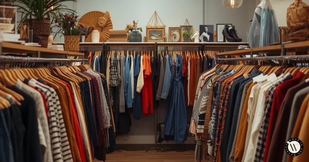 Thrifting tips for beginners: a cute thrift shop with vintage clothing racks.