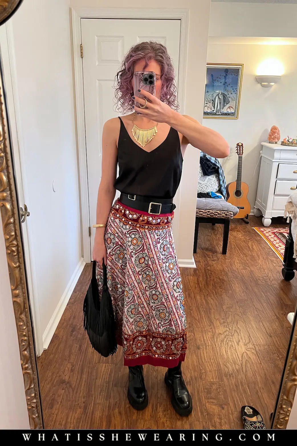 Dressy Tank + Boho Skirt – Flirty Date Night Bar Outfit First date bar outfits: black tank + boho floral sequin skirt + chunky boots