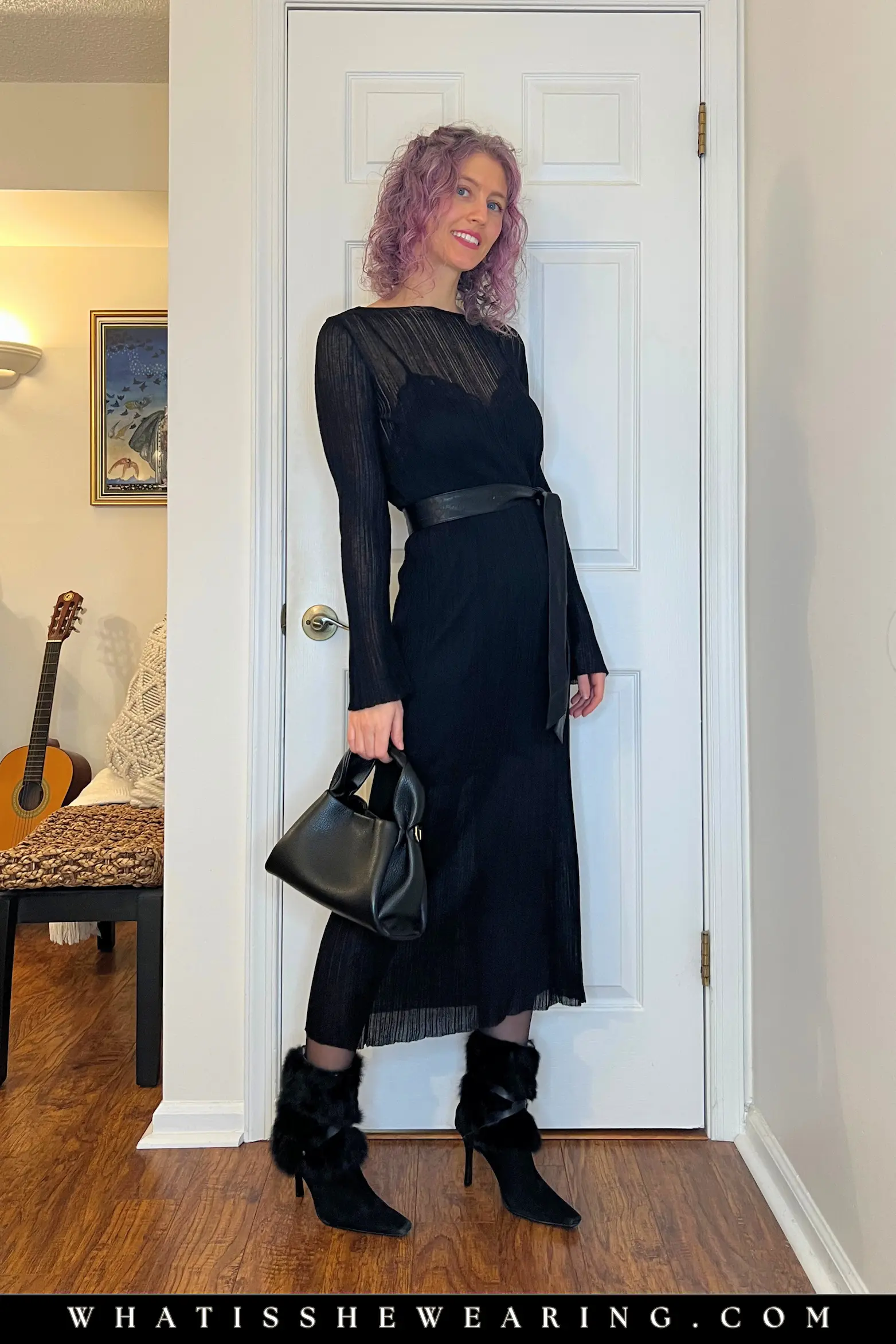 Textured LBD – Modern LBD Bar Outfit 2025 Little black dress bar outfit: multi-textured LBD with faux fur belt + heeled boots