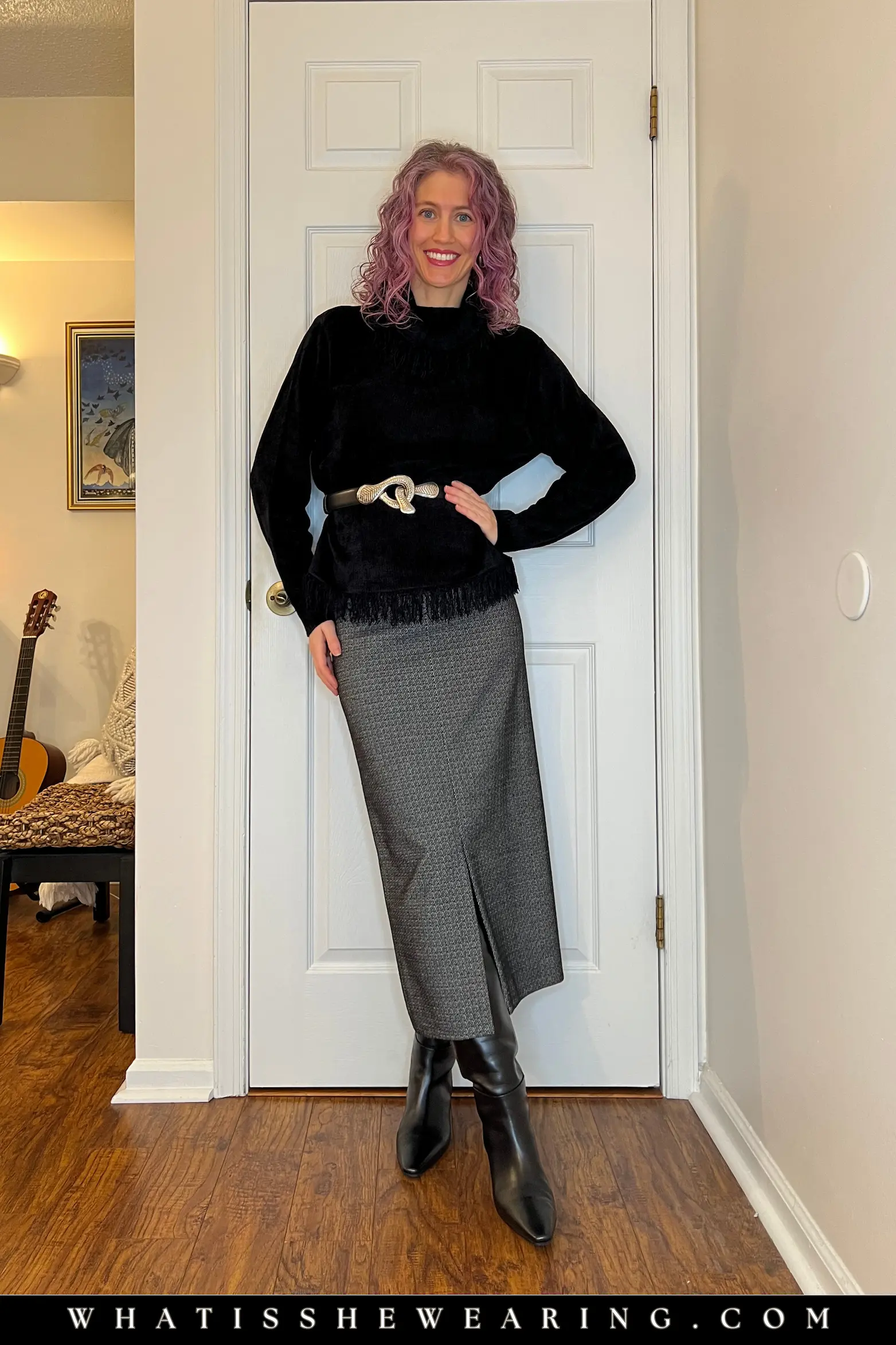 Neutral Skirt Winter Work Outfit with Statement Belt Black sweater and knee-high boots with gray pencil skirt and statement belt for neutral winter work outfit