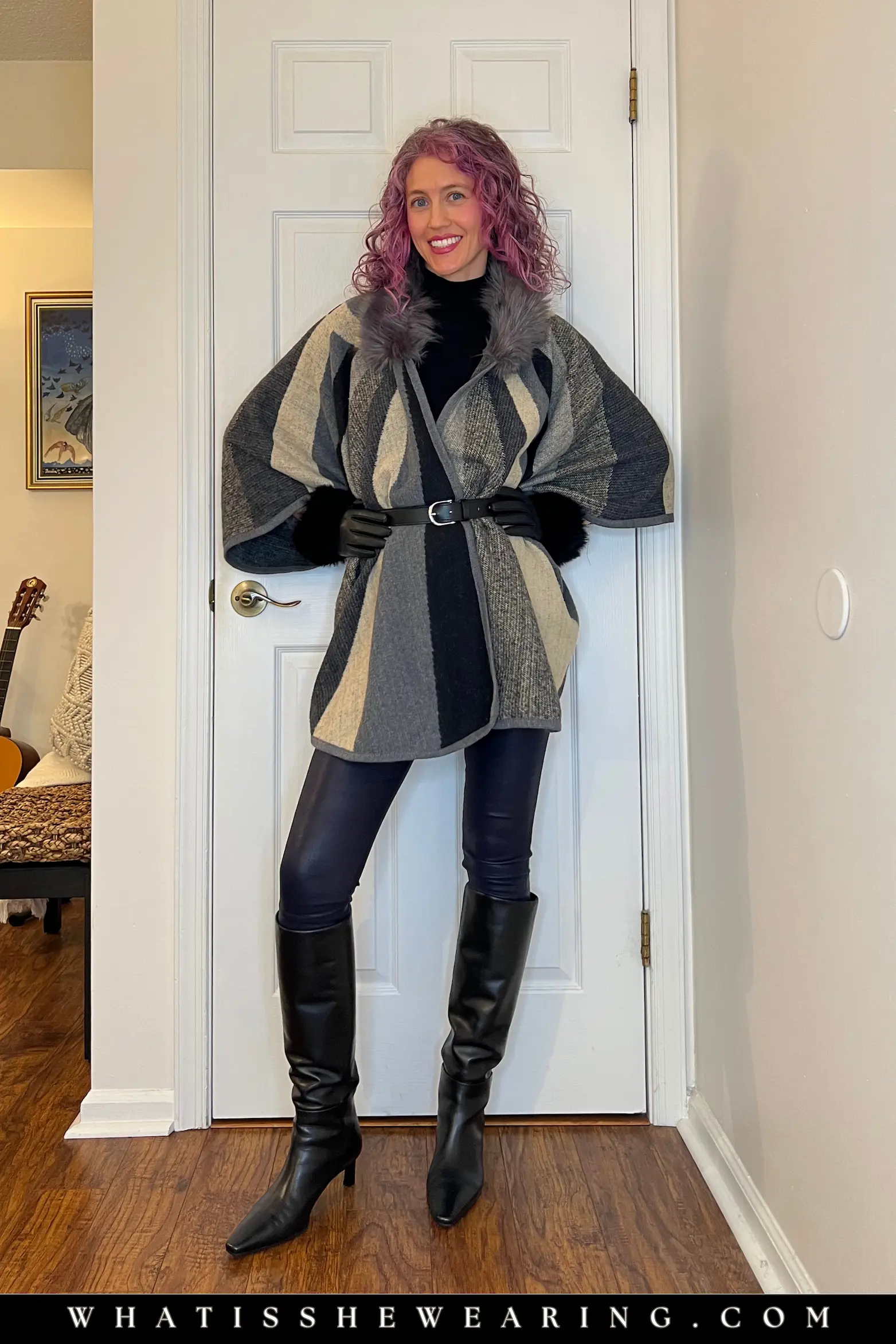Outfit 8: Caped Statement Caped statement leather leggings outfit with knee-high boots and belted poncho