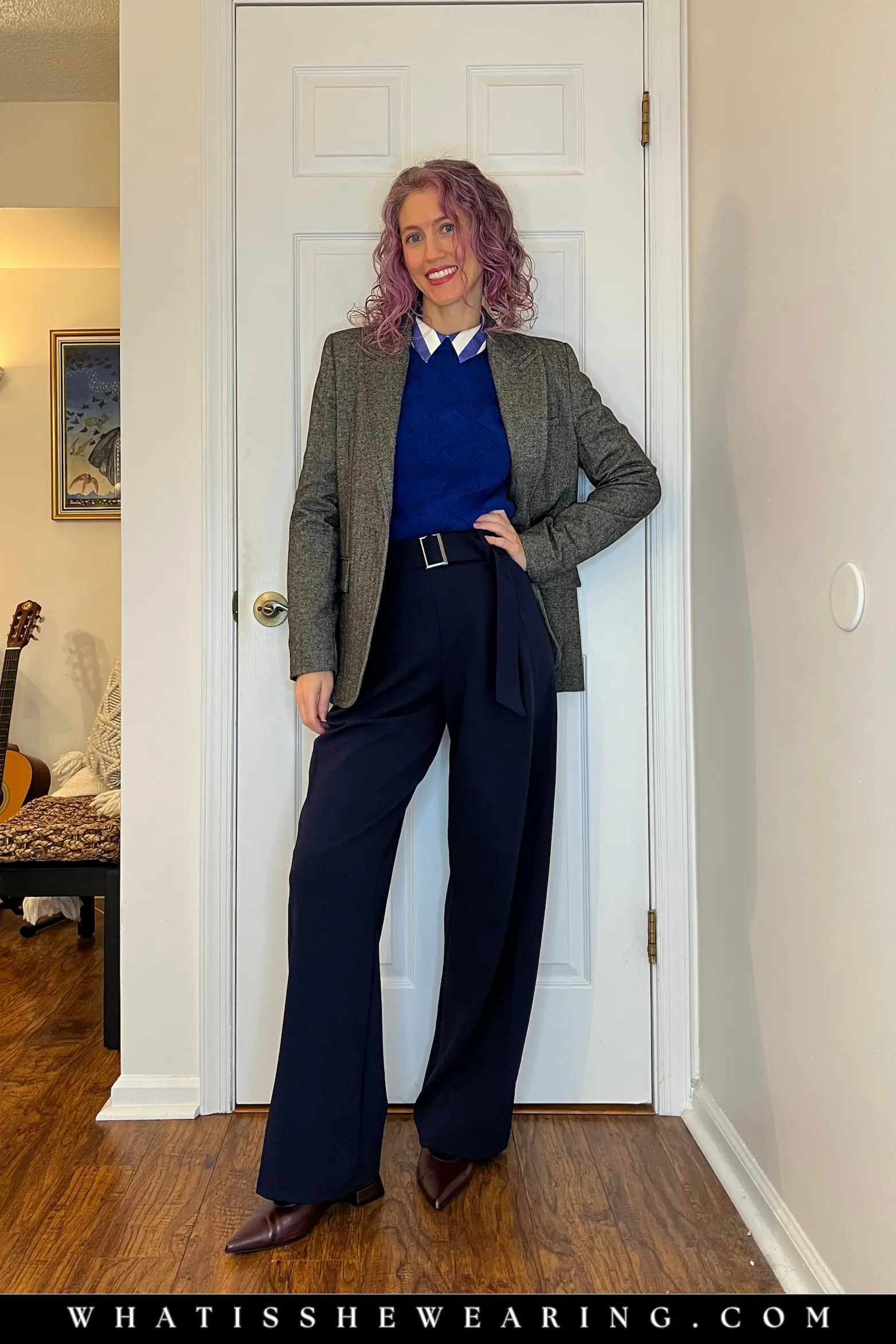 Navy Winter Work Outfit with Gray Wool Blazer Navy blue winter work outfit with gray wool blazer layered over cobalt sweater and striped shirt