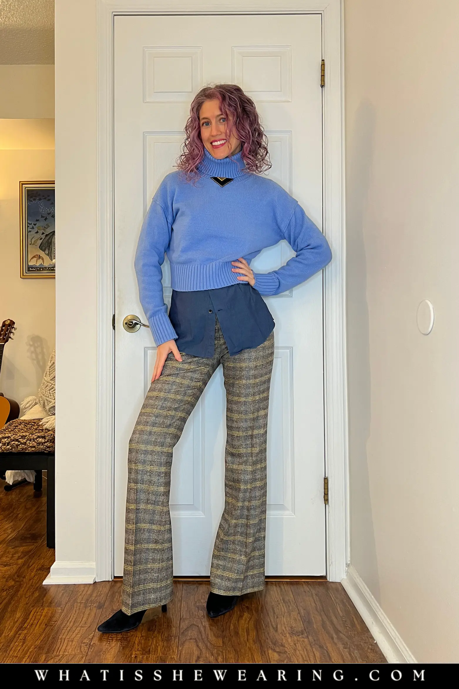 Plaid Pants Winter Work Outfit Idea Plaid wool pants with blue cashmere turtleneck and navy suede boots in cozy winter work outfit