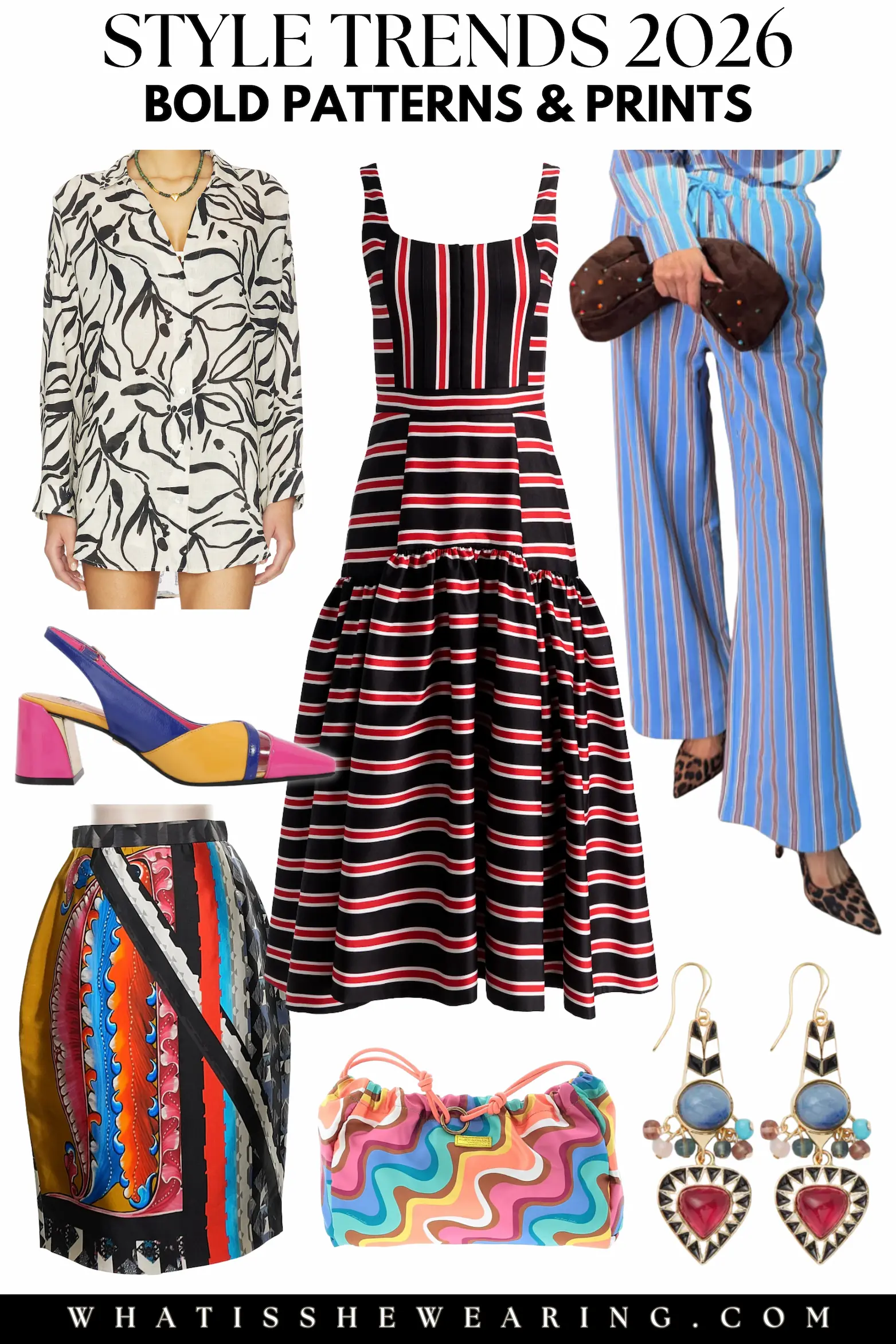 2026 Style Trends: Bold Patterns and Maximalism Flat lay of 2026 style trend bold patterns and prints with a striped midi dress, contrasting linen shirt, blue striped pants, colorblock slingback heels, a graphic print skirt, colorful shoulder bag, and statement earrings.