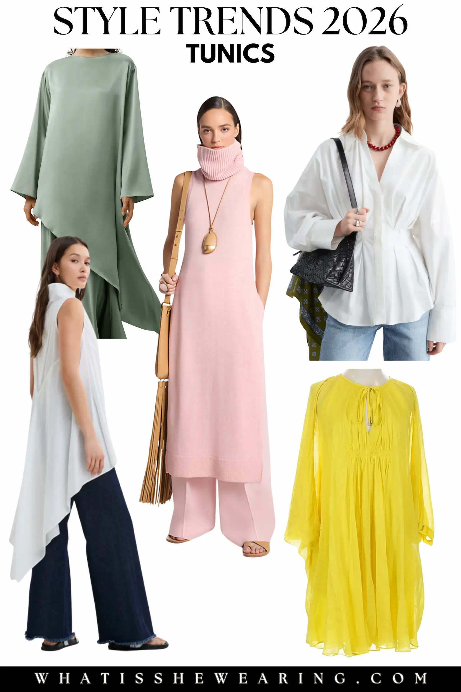 2026 Style Trends: Tunic Revival Flat lay of fashion trends 2026 featuring tunics in different lengths and colors for spring, summer, and early fall.