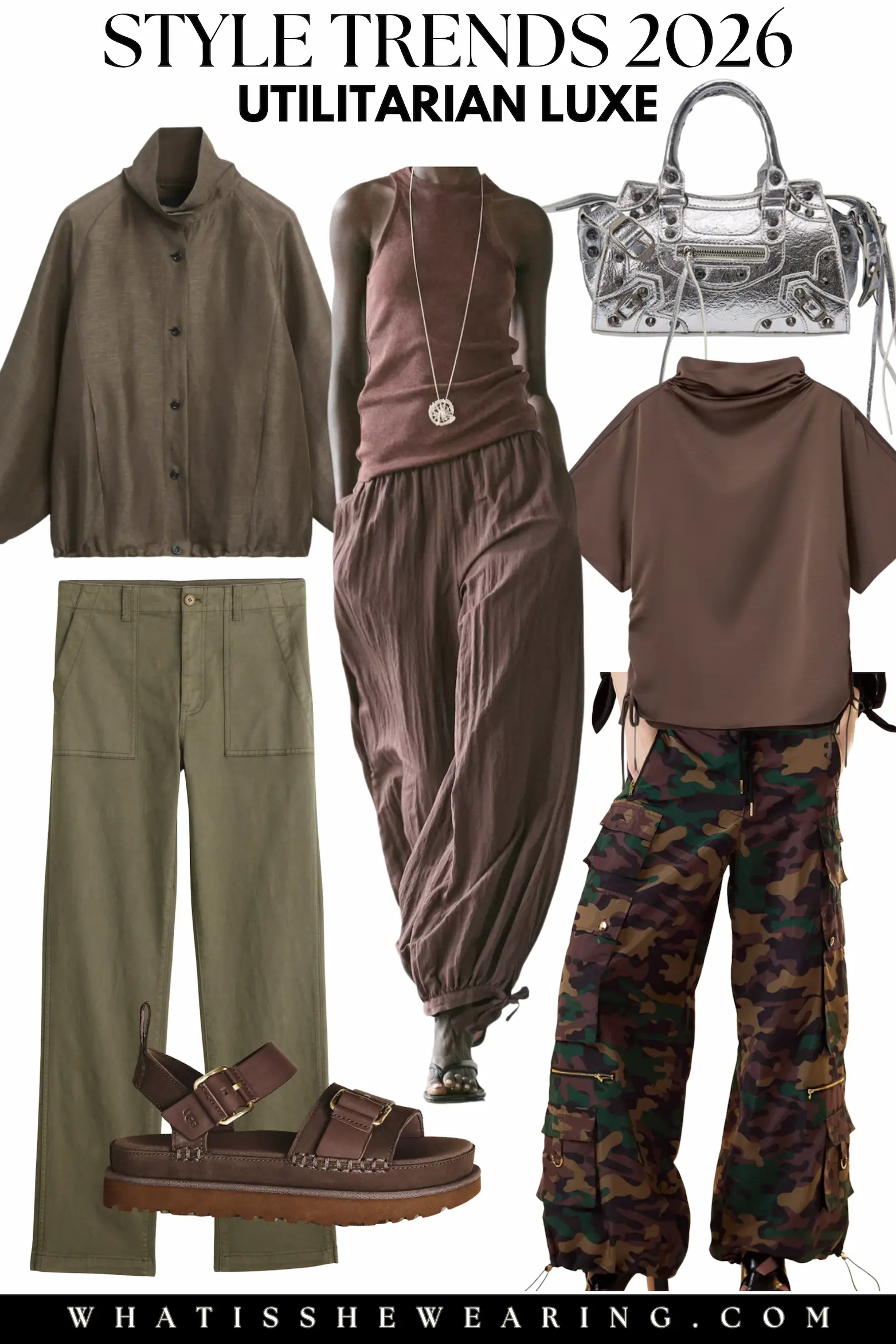 2026 Style Trends: Utilitarian Luxe 2026 runway trend utility chic flat lay of cargo trousers, cargo straight leg pants, balloon pants, brown utility sandals, an elegant funnel neck jacket, and a side-tie draped top.