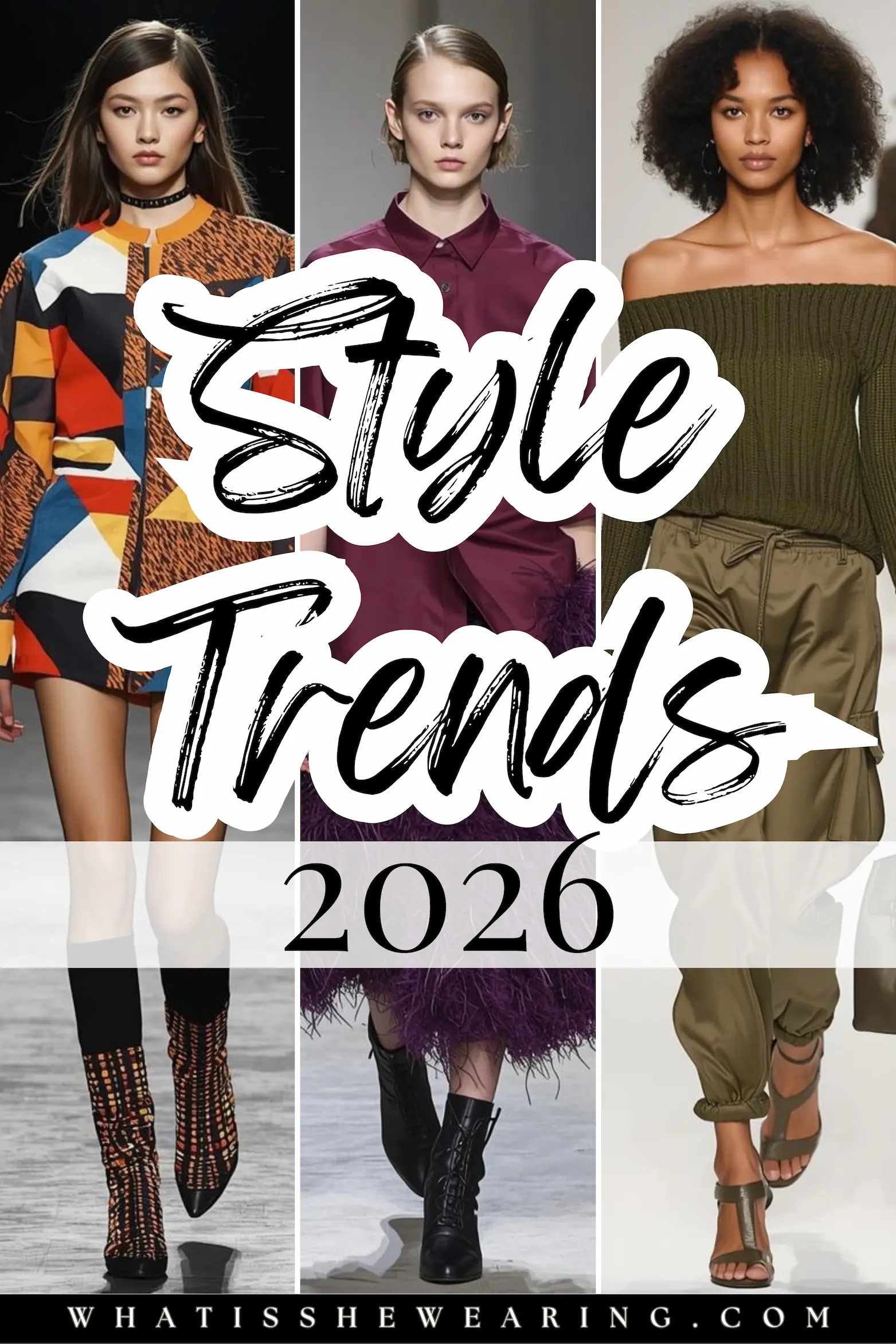 Dopamine Dressing 2026: Mod Colors, Feather Drama & Khaki Couture Spring/Summer 2026 runway trends: bold mod color-blocking and geometric prints, dramatic 3D feather skirt with oversized shirt, utilitarian olive green knit and satin parachute pants – the top style trends 2026 to wear now.