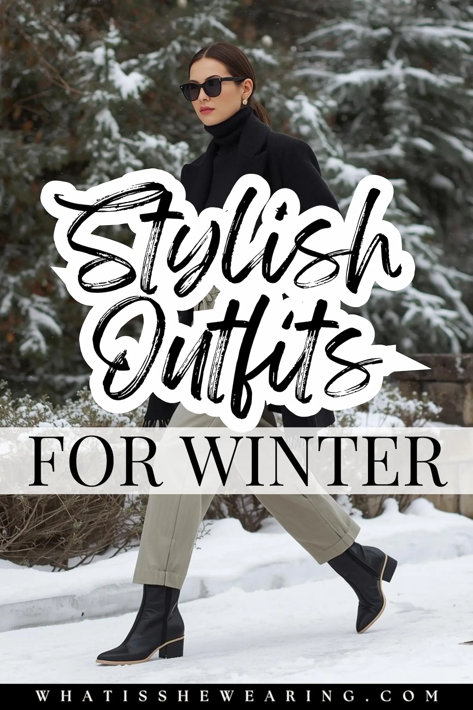 Stylish Winter Outfit Ideas – Snowy Pennsylvania Day Woman walking in snowy winter scene wearing stylish winter outfit with a turtleneck and tall boots.