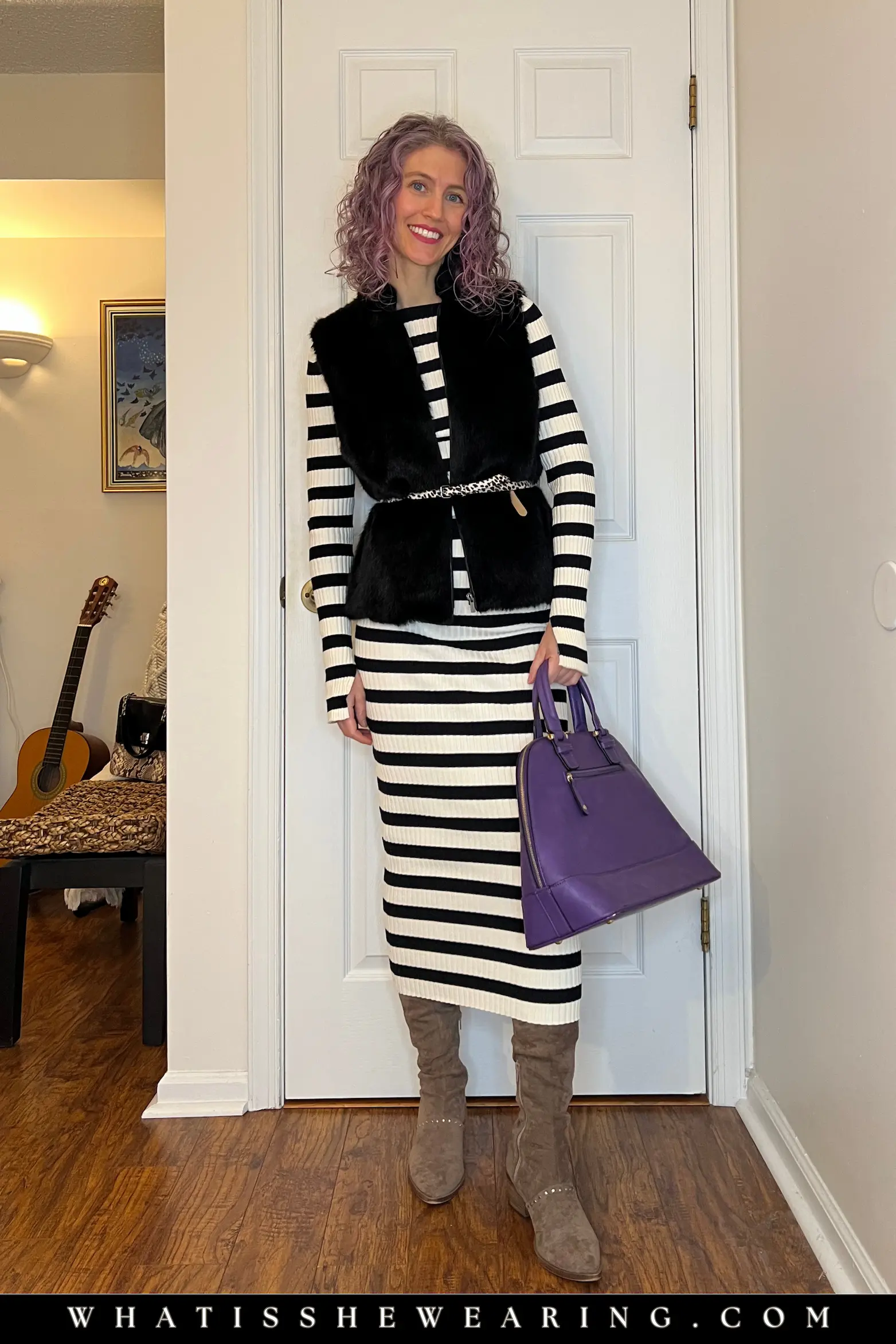 Outfit 2: Knit Dress + Belted Faux Fur Vest + Boots Stylish winter work outfit: belted faux fur vest over knit dress and thigh-high boots