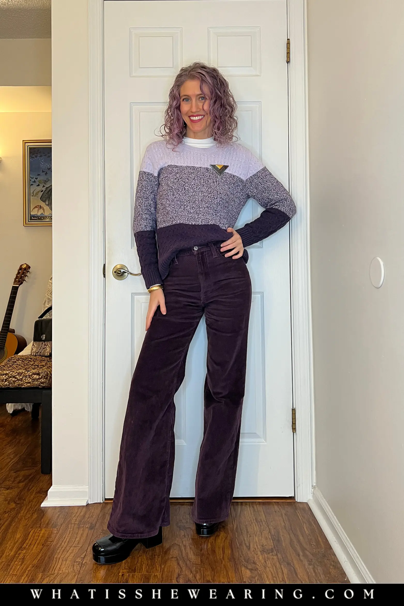 Outfit 3: Patterned Sweater + Matching Corduroys Casual stylish outfit for winter: purple patterned sweater with matching corduroy pants