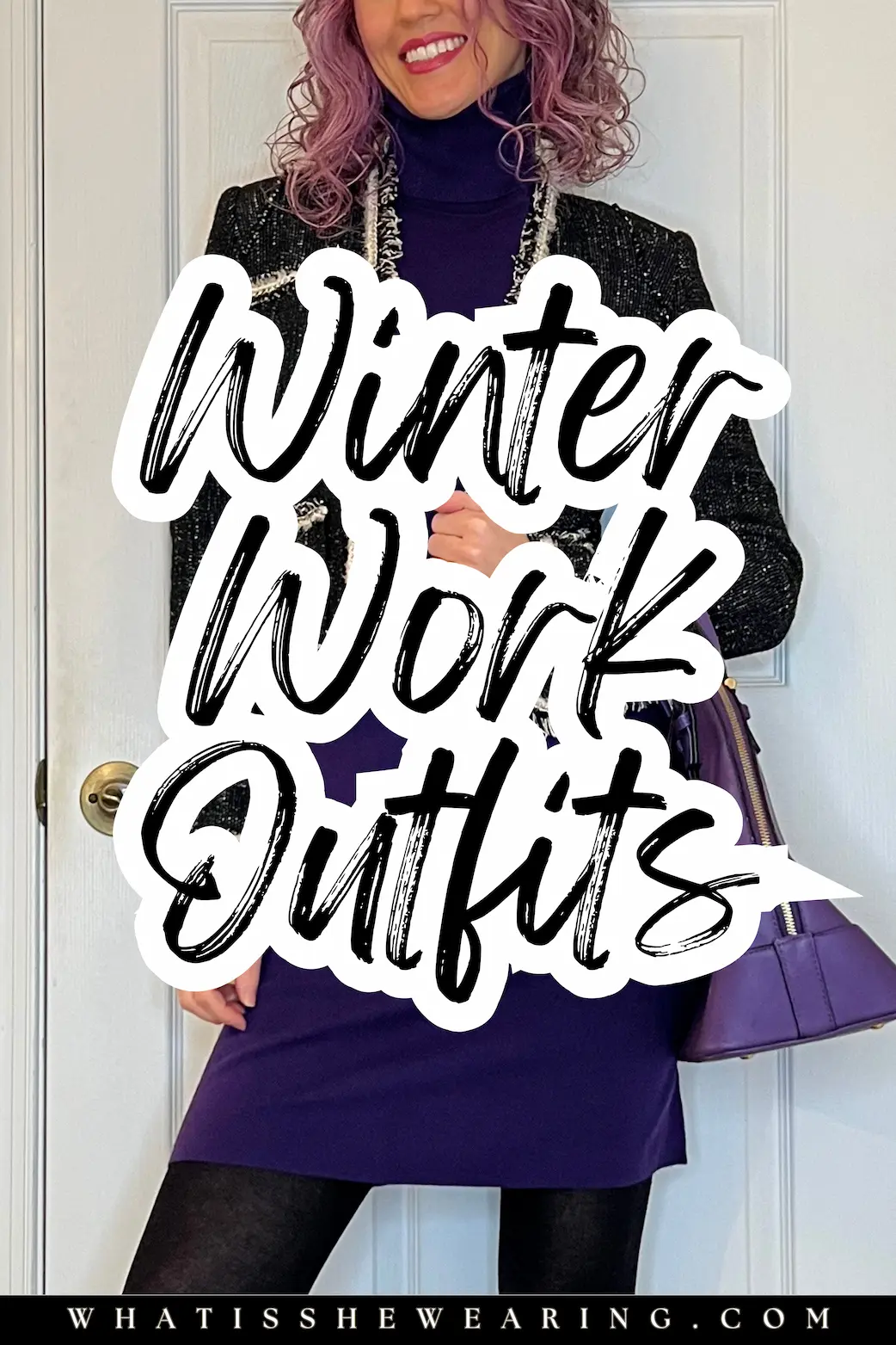 5 Stylish Winter Work Outfits for Office Chic Woman in cozy chic winter work outfit featuring a sweater dress and a tweed jacket