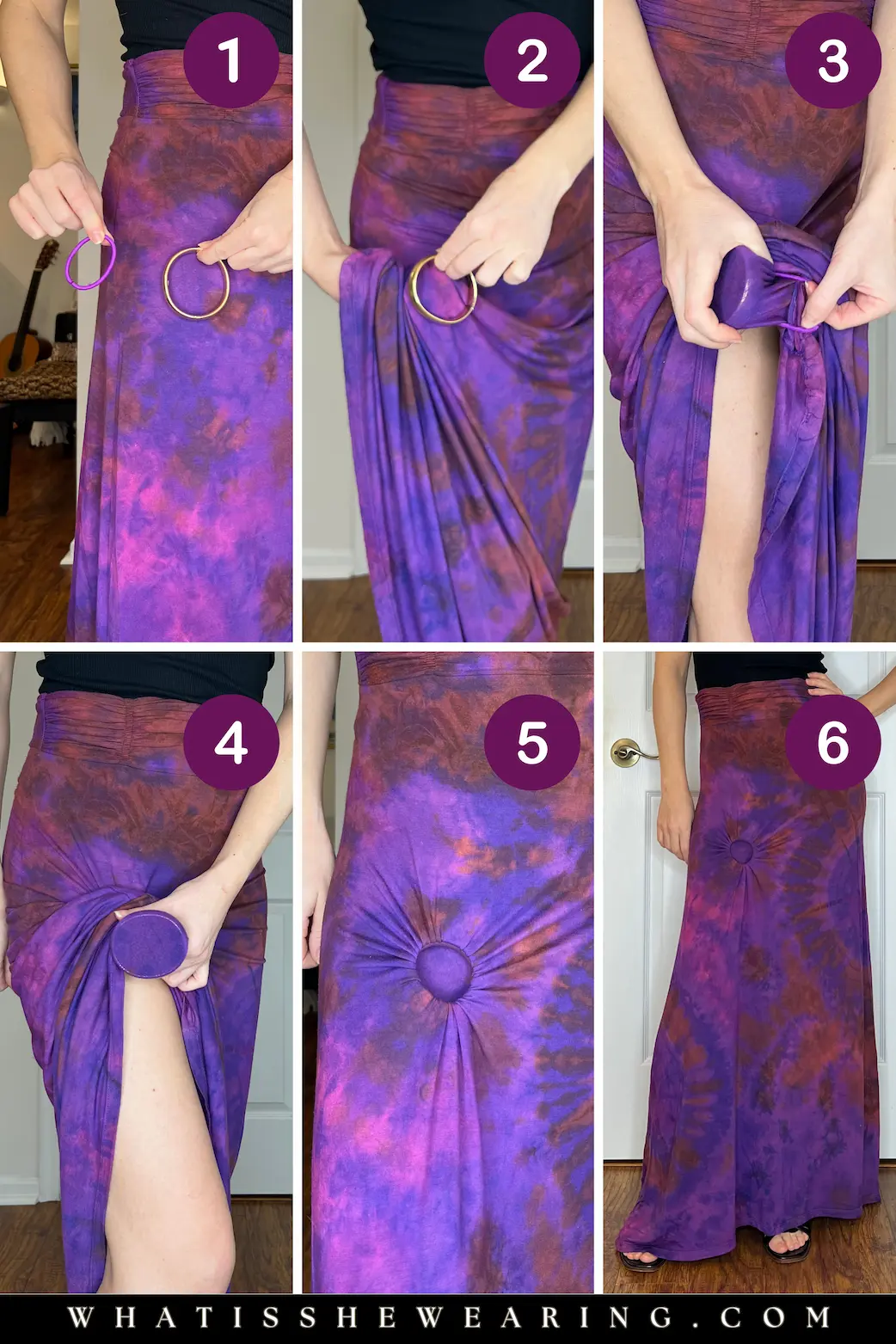 Hack 3: Cinch Skirts and Dresses with a Bangle and Hair Tie Step-by-step collage showing how to cinch a skirt or dress using a bangle and hair tie