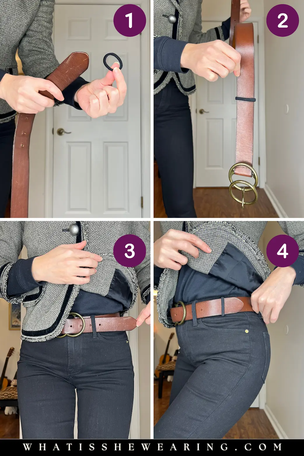 Hack 1: Fix a Belt That’s Too Long with a Hair Tie Step-by-step images showing how to use a hair tie to secure a belt that is too long