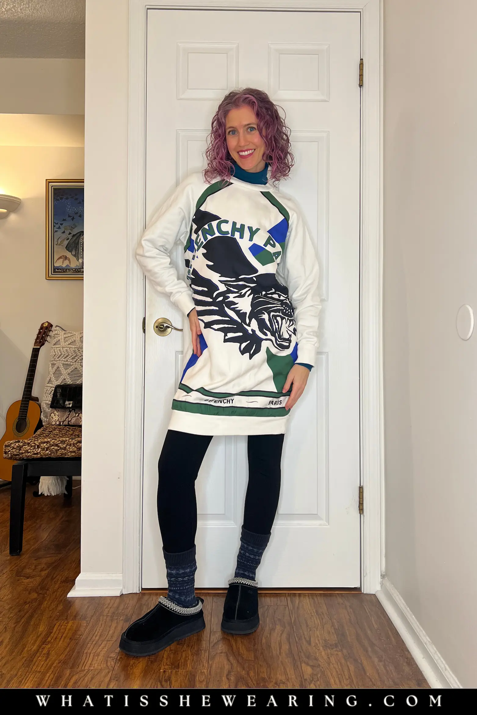 Graphic Sweatshirt and Leggings for Busy Days Comfy casual winter outfit graphic sweatshirt with bold tiger motif and Ponte leggings for busy days at home