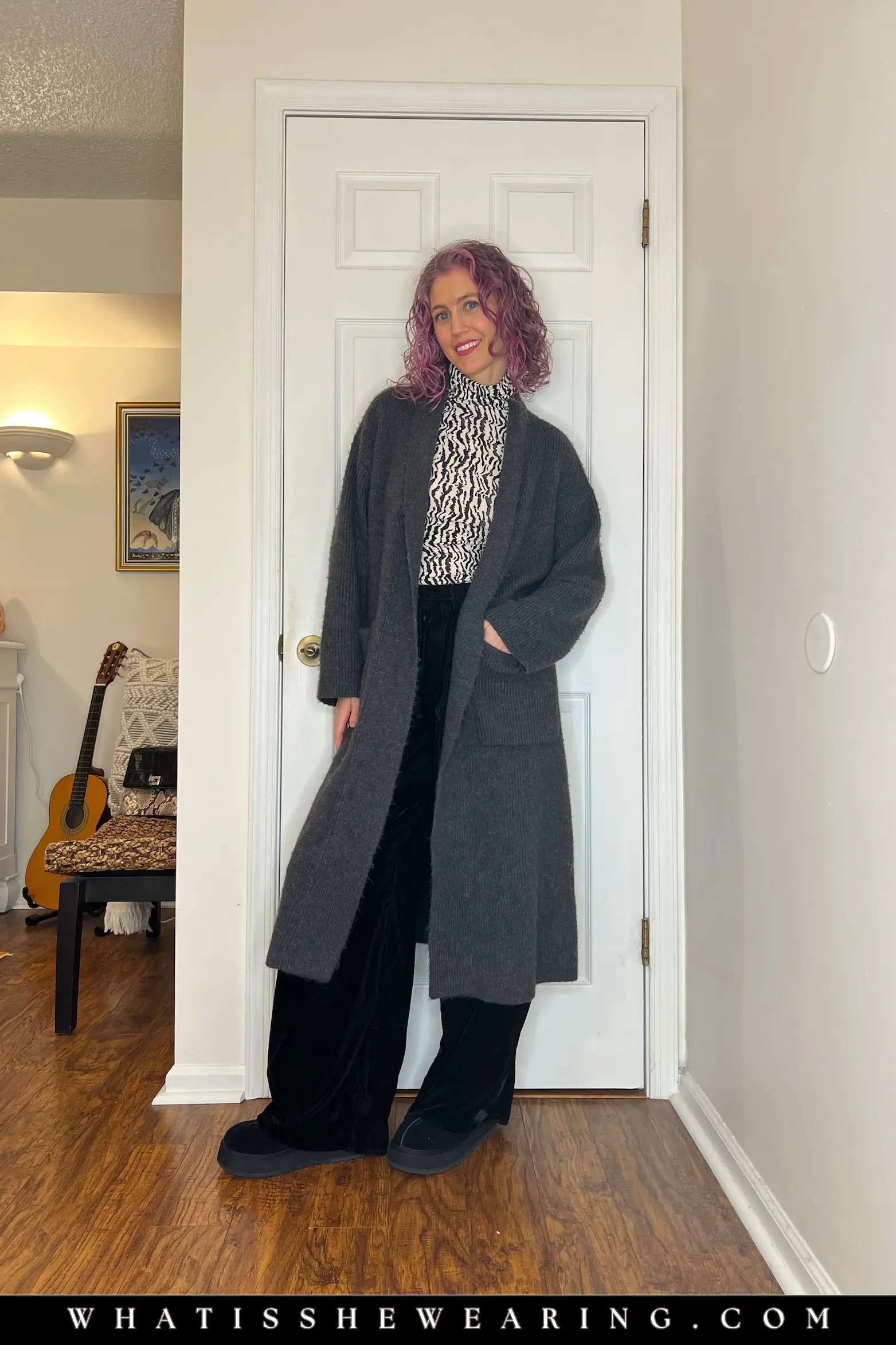 Long Cardigan and Track Pants for Chill Days Cozy winter outfit long cardigan with track pants and layered top for effortless home style