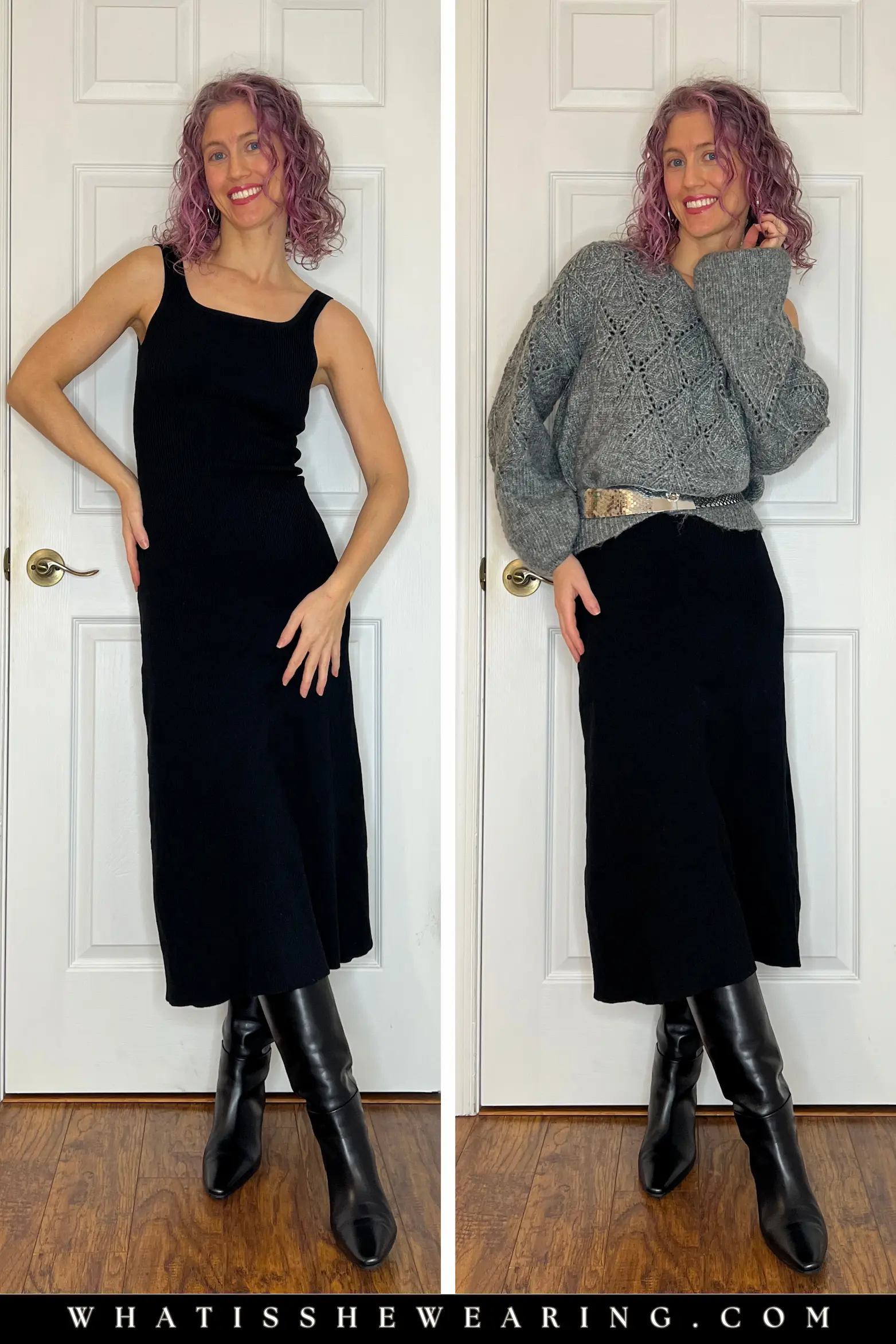 Hack 6: Turn a Dress into a Skirt with a Sweater Side-by-side photos showing a black dress worn alone and styled as a skirt with a sweater and knee-high boots