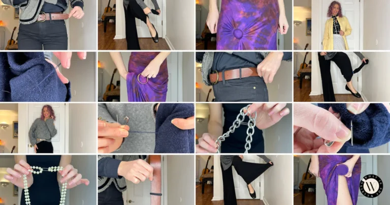 Collage showing multiple fashion hacks for clothes, including belt, layering, jewelry, and outfit styling tips