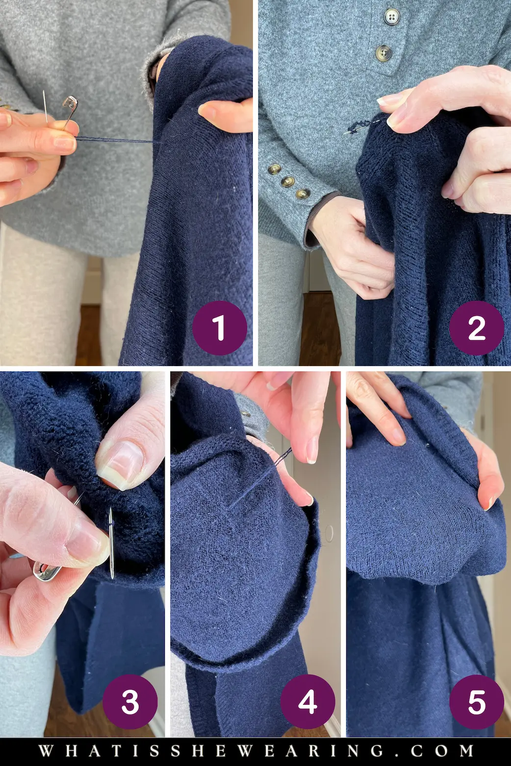 Hack 9: Fix a Sweater Snag Without Cutting It Step-by-step collage showing how to pull a sweater snag through to the inside using a safety pin