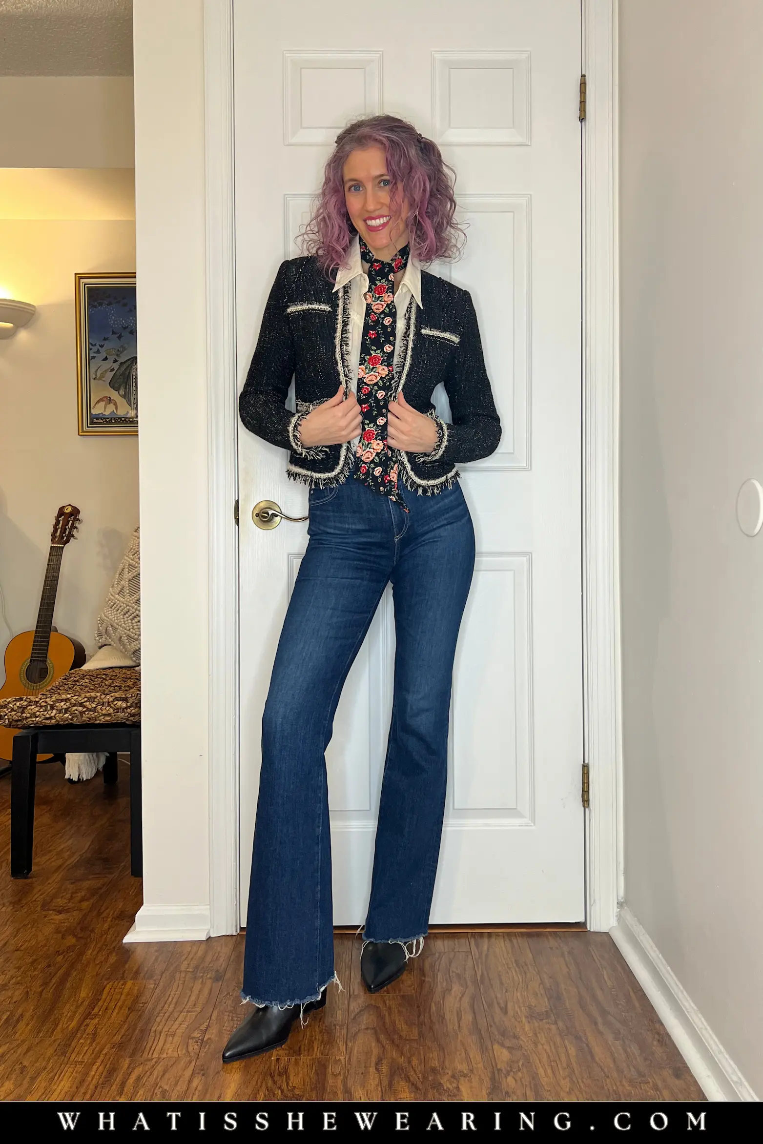 Casual Knit Jacket Outfit with Jeans Black knit jacket outfit with ivory blouse, bootcut jeans, and floral scarf