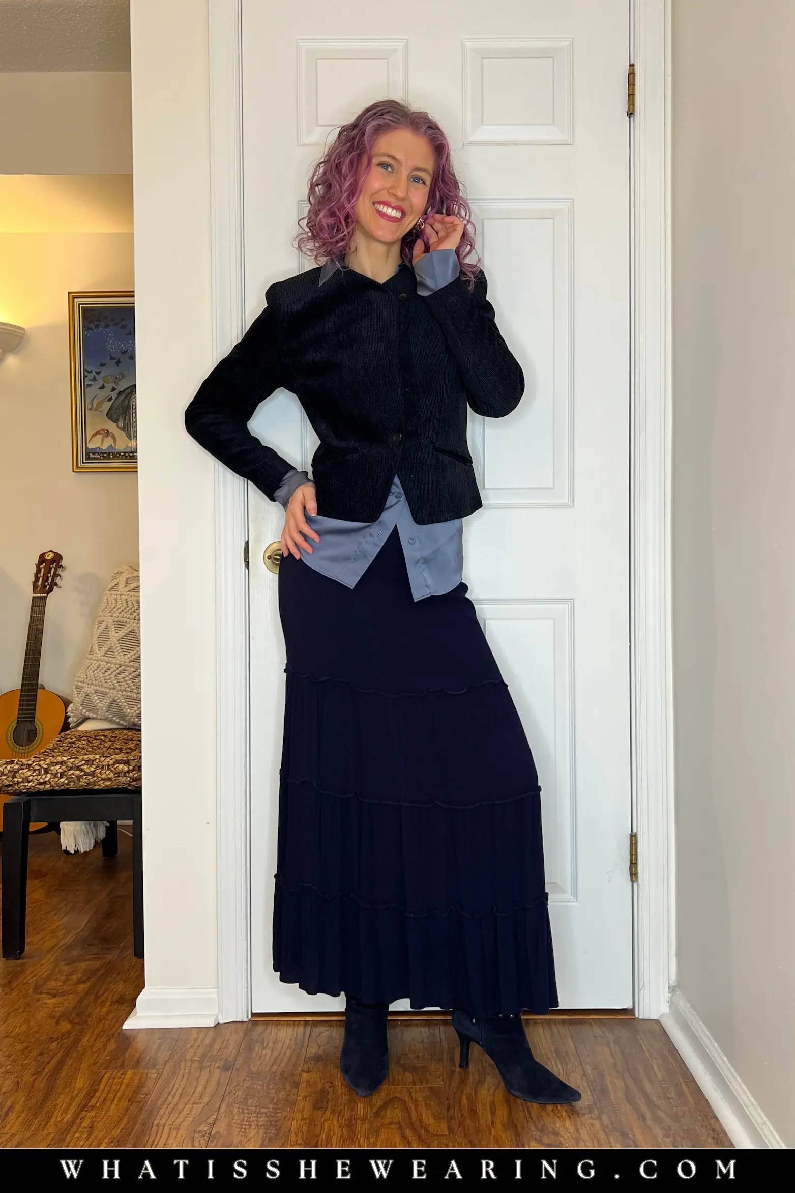 Mixing Textures in Navy Blue for Depth Textured monochrome outfit mixing midnight blue knit jacket, slate blue satin shirt, navy boho skirt, and navy suede boots