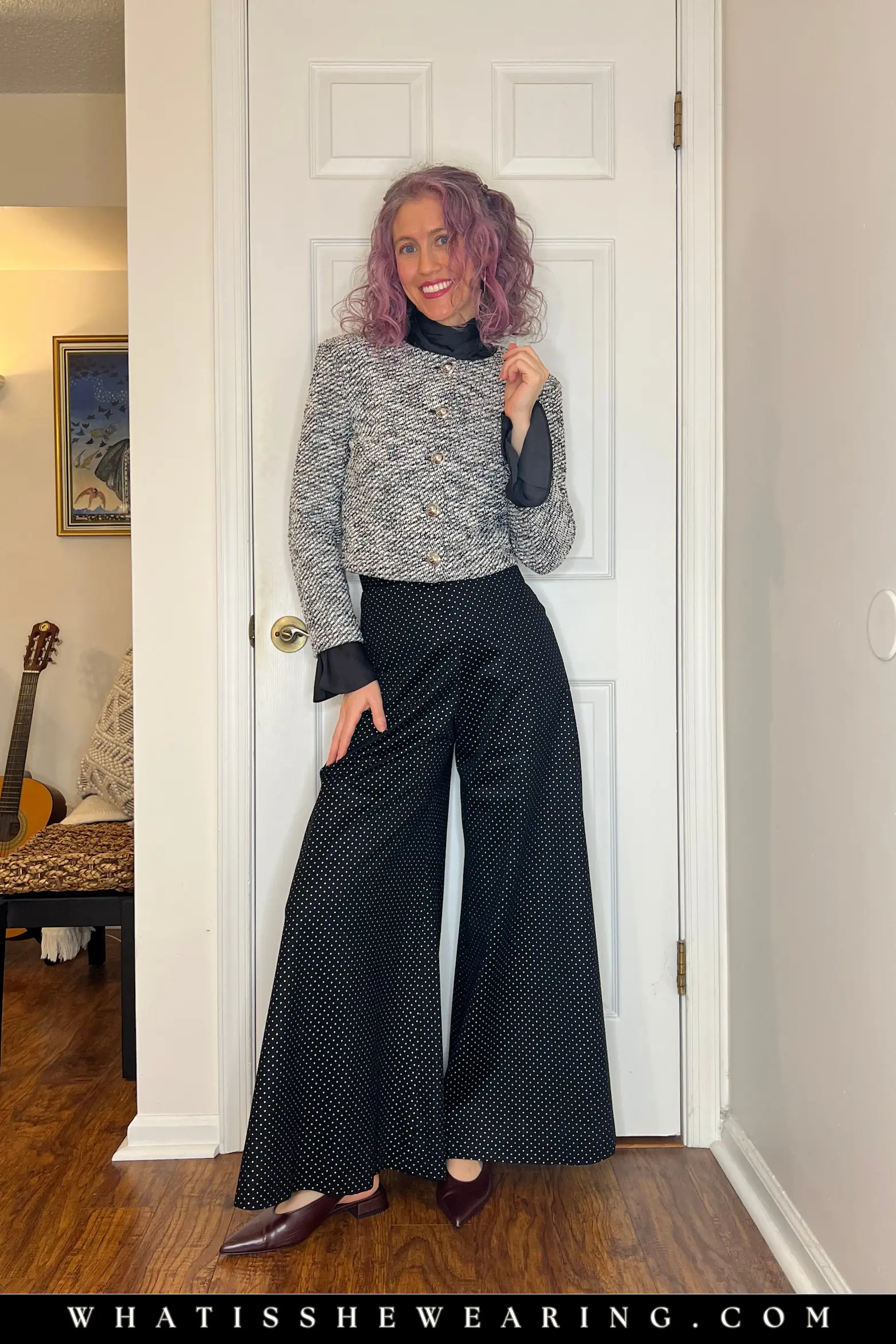 Tailored Knit Jacket as a Statement Piece Tailored knit jacket outfit styled as a top with silk blouse and palazzo pants