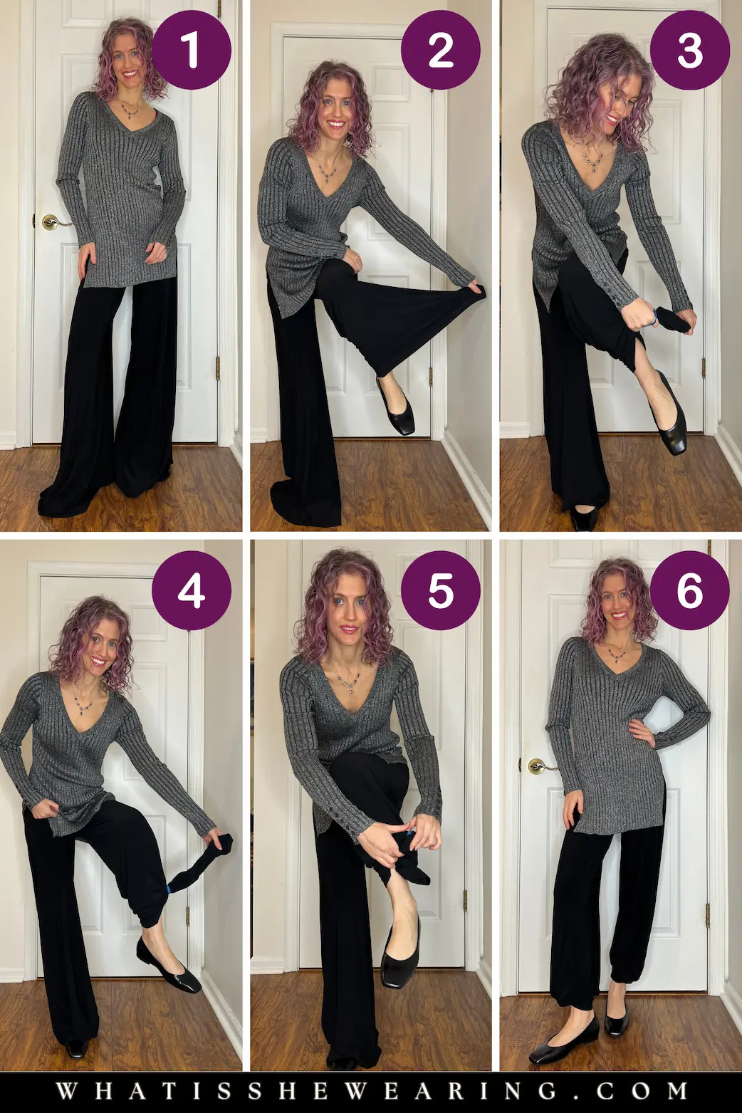 Hack 7: Turn Wide-Leg Pants into Harem Pants Step-by-step images showing how to use a clear elastic to transform wide-leg pants into harem pants