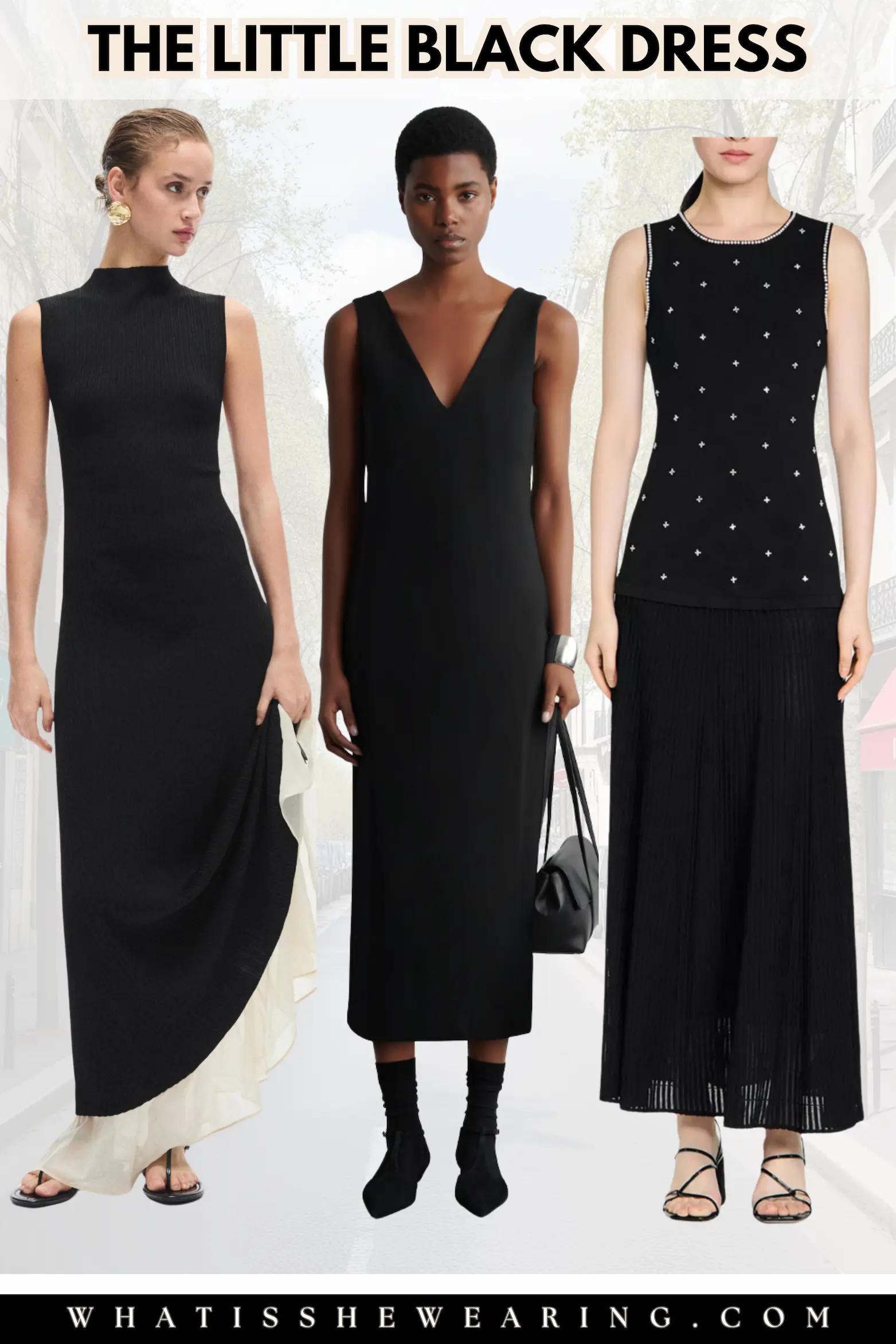 Timeless Little Black Dress - Parisian Spring Style Essentials Flat lay of three Parisian chic little black dresses for spring, elegant timeless LBD in lightweight fabric with classic French styling