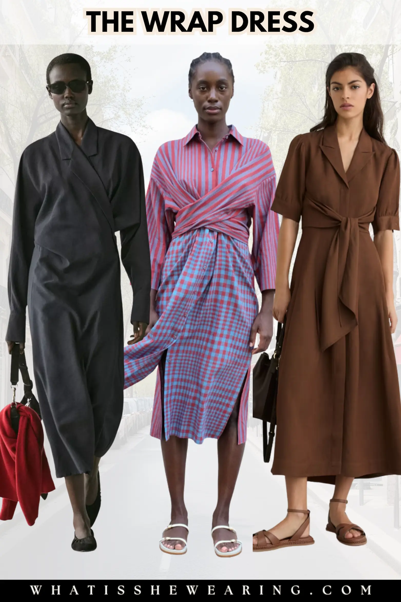 Wrap Dress - Flattering Parisian Chic for Spring Work Outfits & Ocassions A flat lay of three flattering wrap dresses in in effortless chic, quintessential Parisian French dress for spring occasions and stylish workwear