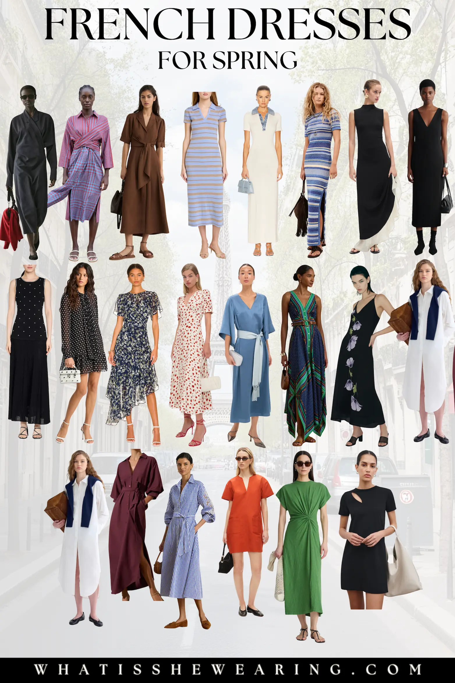Best French Dresses for Spring 2026 A flat lay of 20+ different Parisian chic spring dresses including wrap dresses, LBDs, slip dresses, t-shirt dresses, knit dresses, shirt dresses, and ruffled dresses.