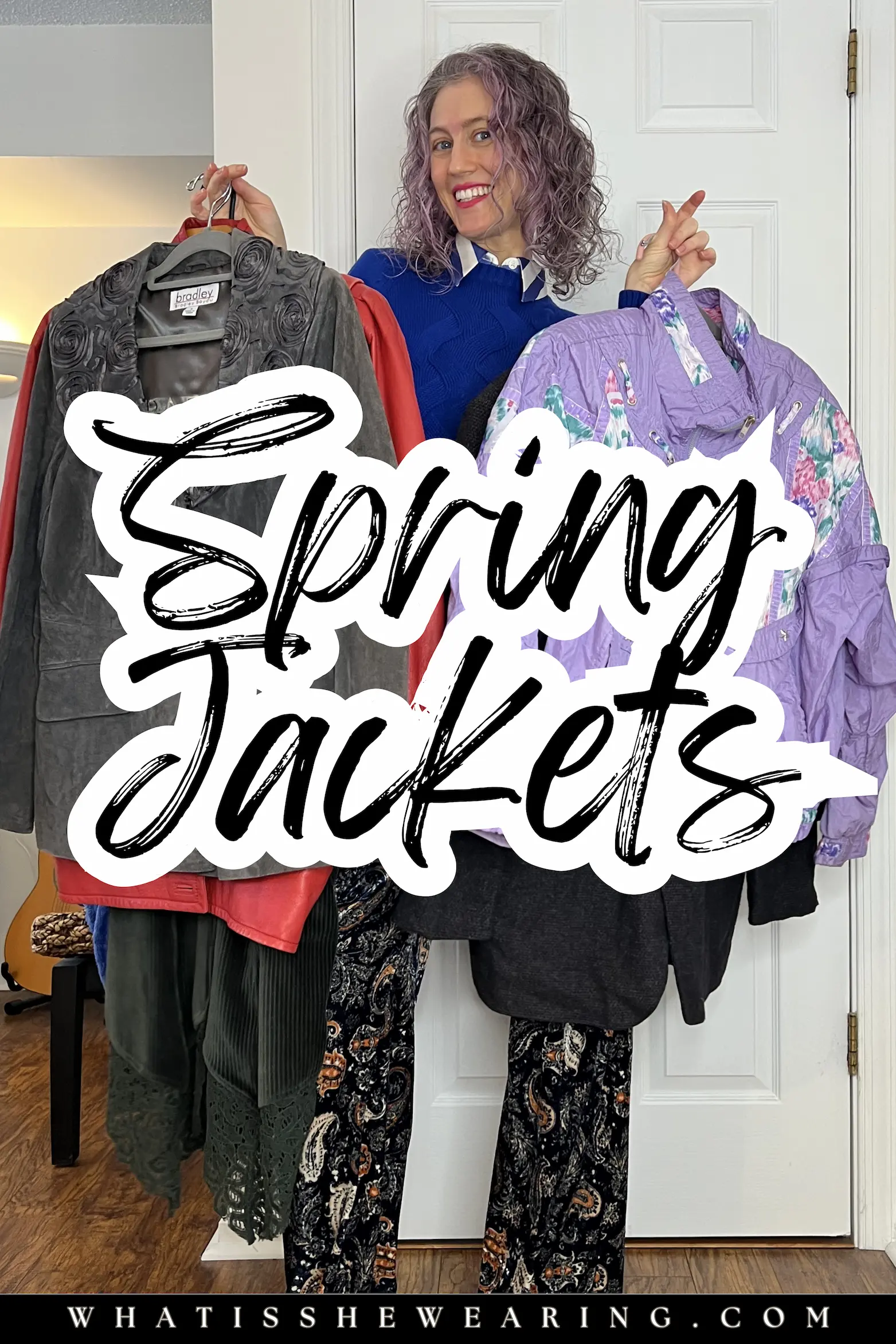 7 Must-Have Spring Jackets for 2026 Stylish woman holding seven spring jackets on hangers with text overlay Spring Jackets, transitional wardrobe essentials for early spring 2026