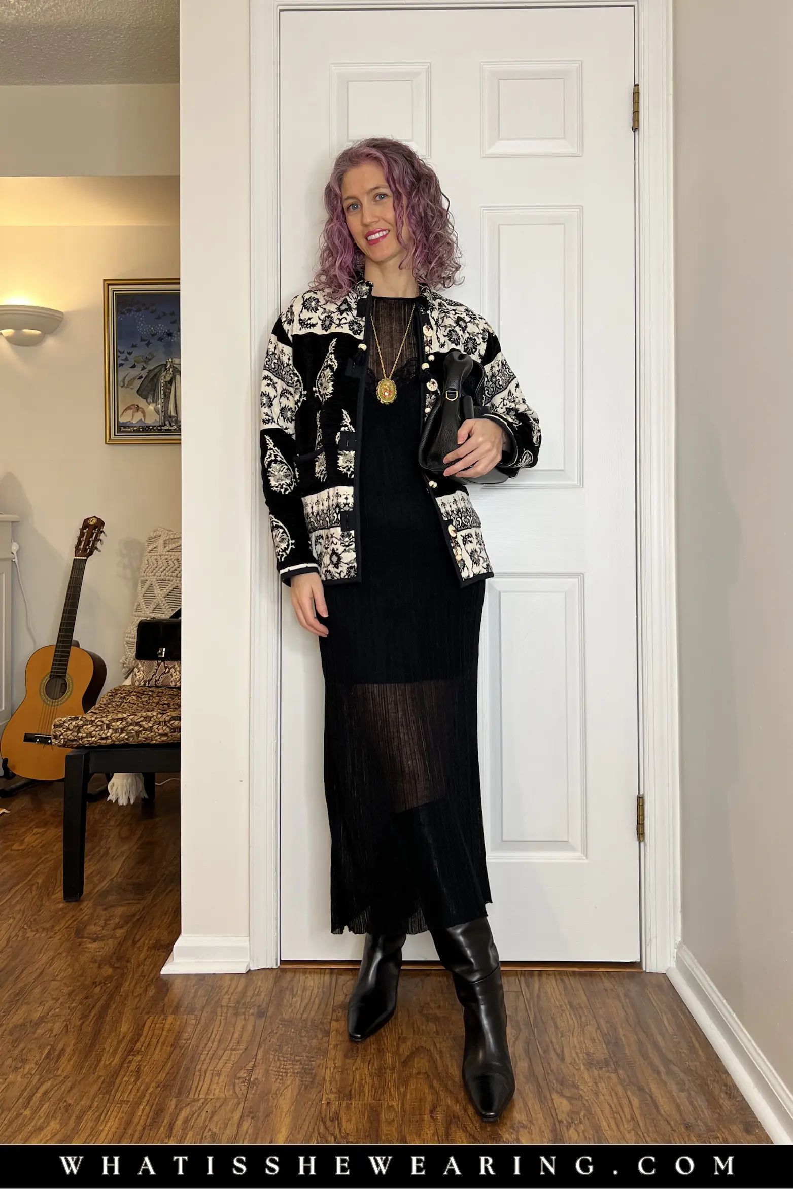 Night Out Spring Layering Outfit with Maxi Dress Date night spring transitional outfit: patchwork knit jacket over sheer black maxi dress, black tall boots, and black mini bag for elevated evening layering in early spring