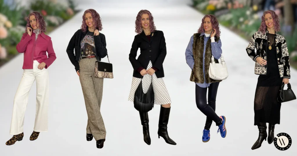 A stylish woman in five chic spring transitional outfits on a fashion runway with spring flowers.