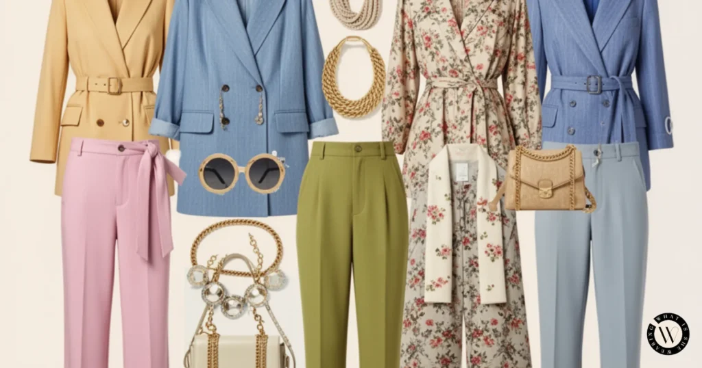 Spring wardrobe essentials flat lay.