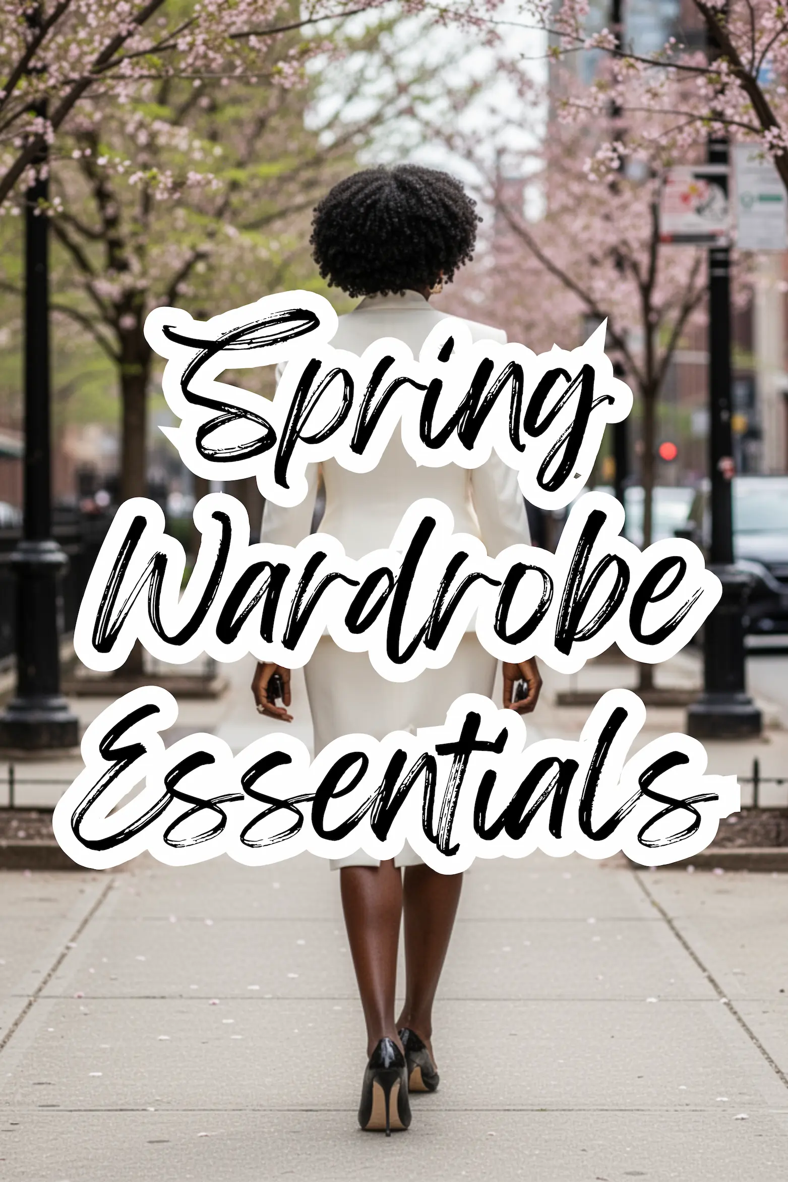 Spring Wardrobe Essentials: The Ultimate Capsule for 2026 The back of a stylish black woman in a spring outfit featuring spring wardrobe essentials like an ivory blazer and skirt walking down the sidewalk on an early spring day.