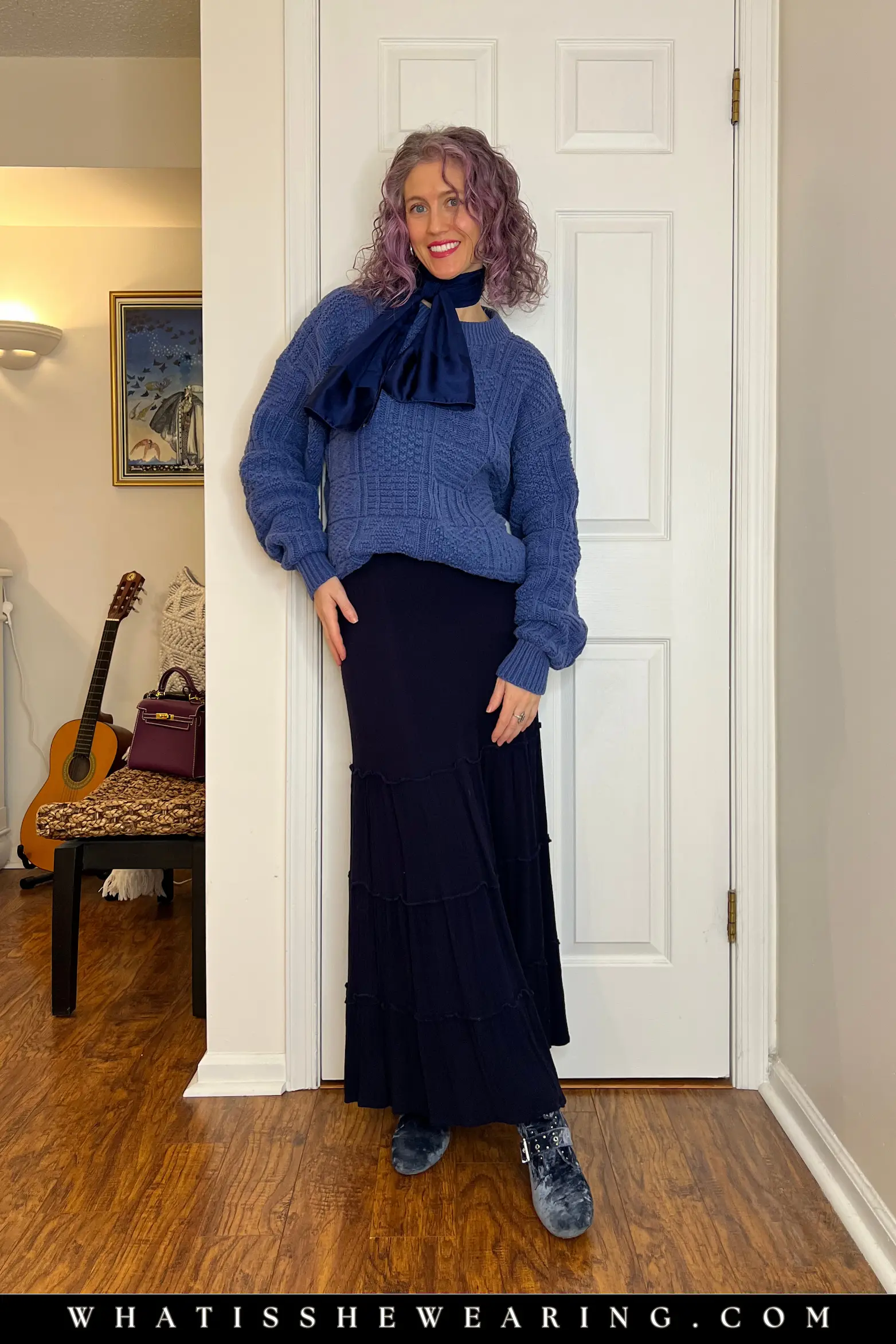 Tonal Dressing: Blue Family Layers Timeless runway trend example: tonal blue outfit with oversized sweater, navy maxi skirt, silk scarf, velvet ankle boots for calm cohesion