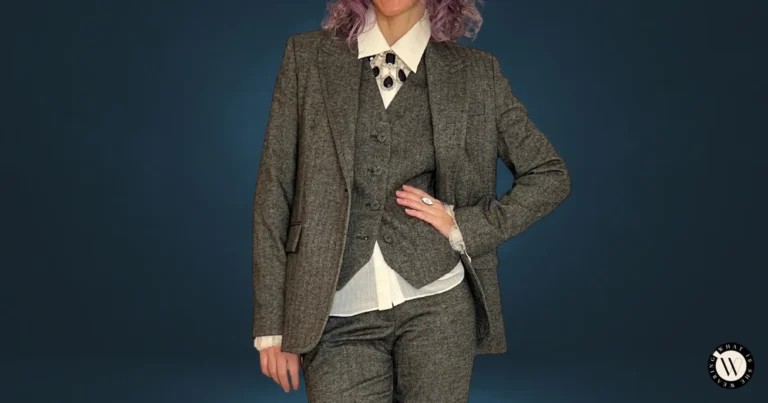 A stylish woman in a classic 3-piece tailored suit - a timeless trend.