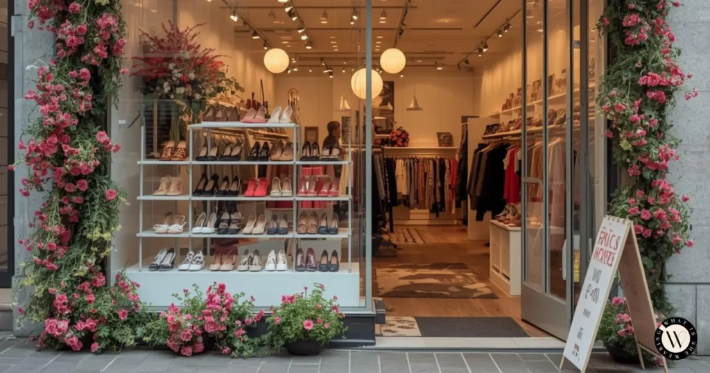 Stylish store front with the latest spring shoe trends.
